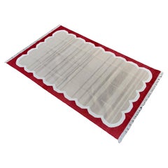 Handgefertigter Flachgewebe-Teppich aus Baumwolle, 5x8 Beige und Rot mit Wellenschliff, indischer Dhurrie