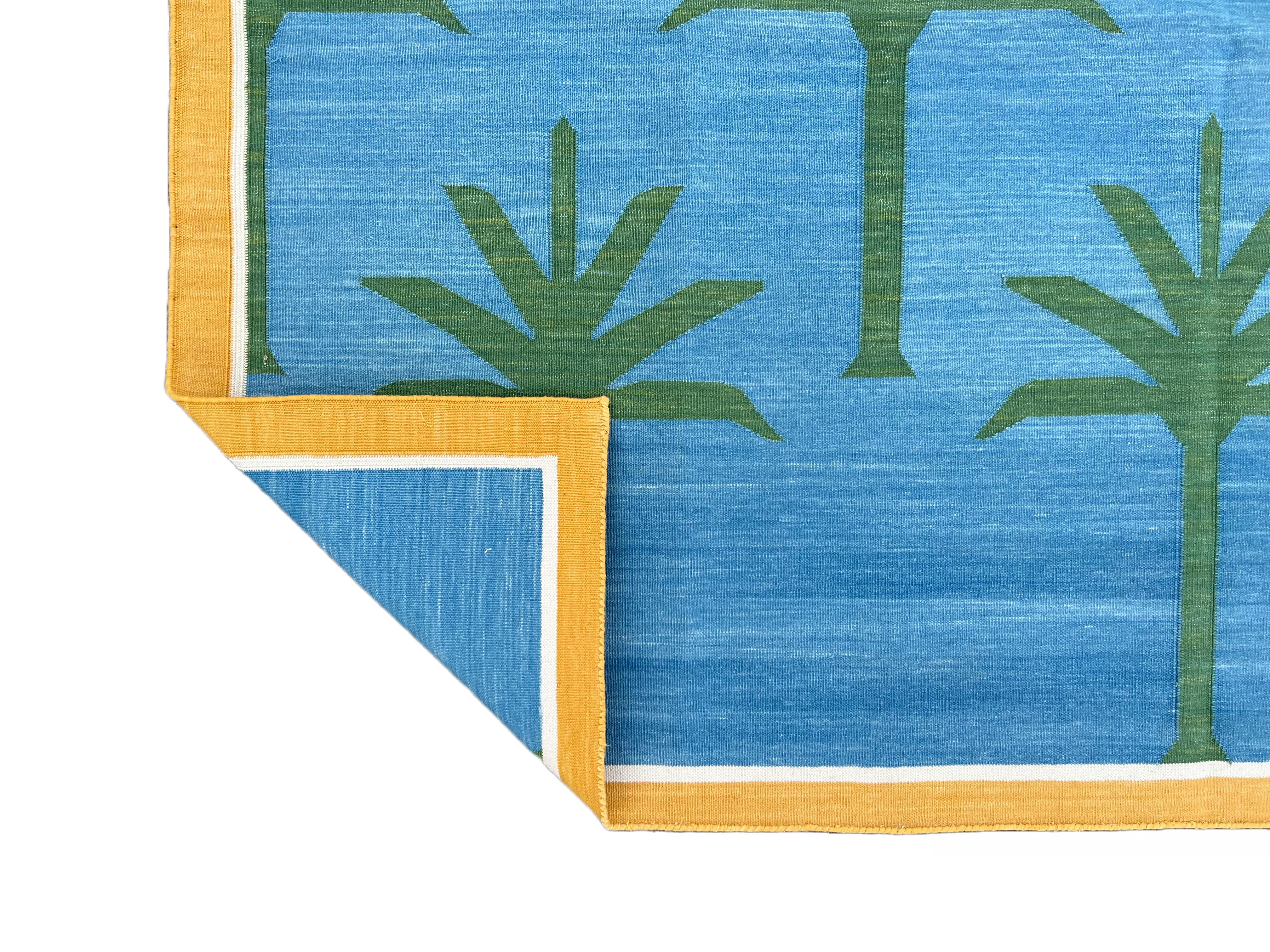 Handmade Cotton Area Flat Weave Rug, 5x8 Blue And Green Palm Tree Indian Dhurrie For Sale 4