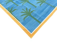 Handmade Cotton Area Flat Weave Rug, 5x8 Blue And Green Palm Tree Indian Dhurrie