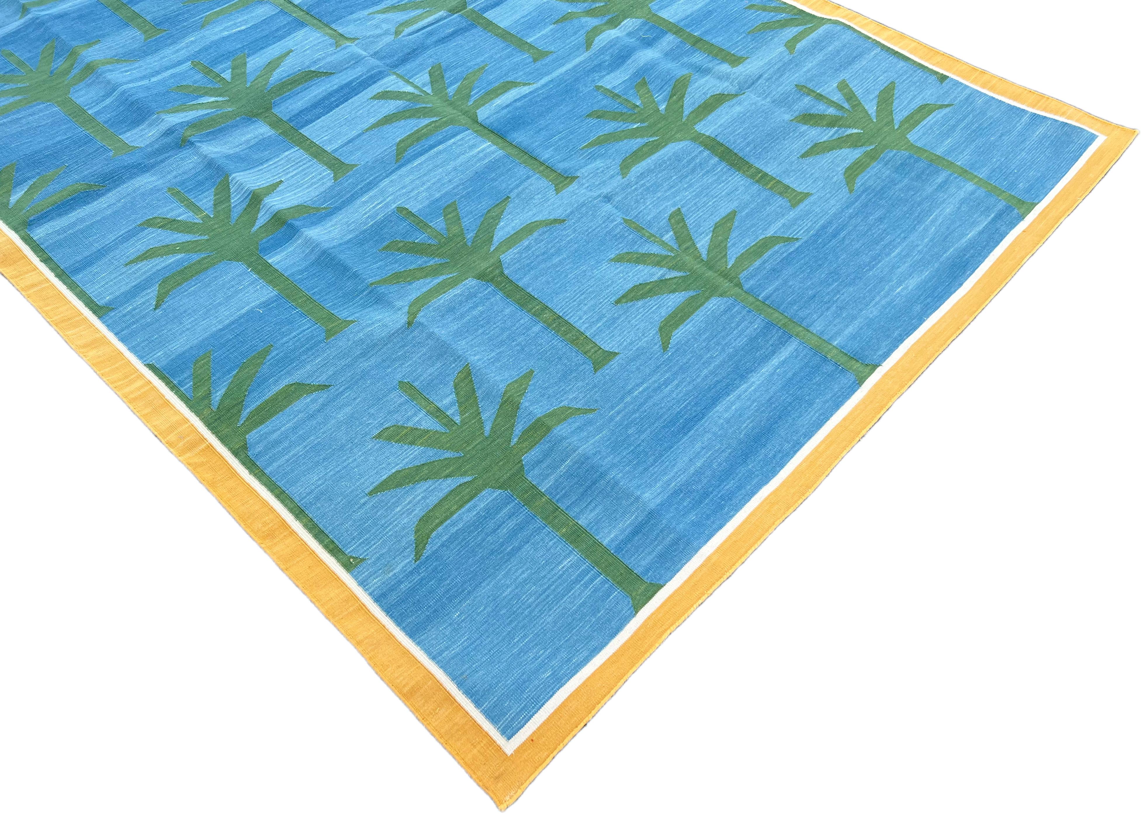 Mid-Century Modern Handmade Cotton Area Flat Weave Rug, 5x8 Blue And Green Palm Tree Indian Dhurrie For Sale