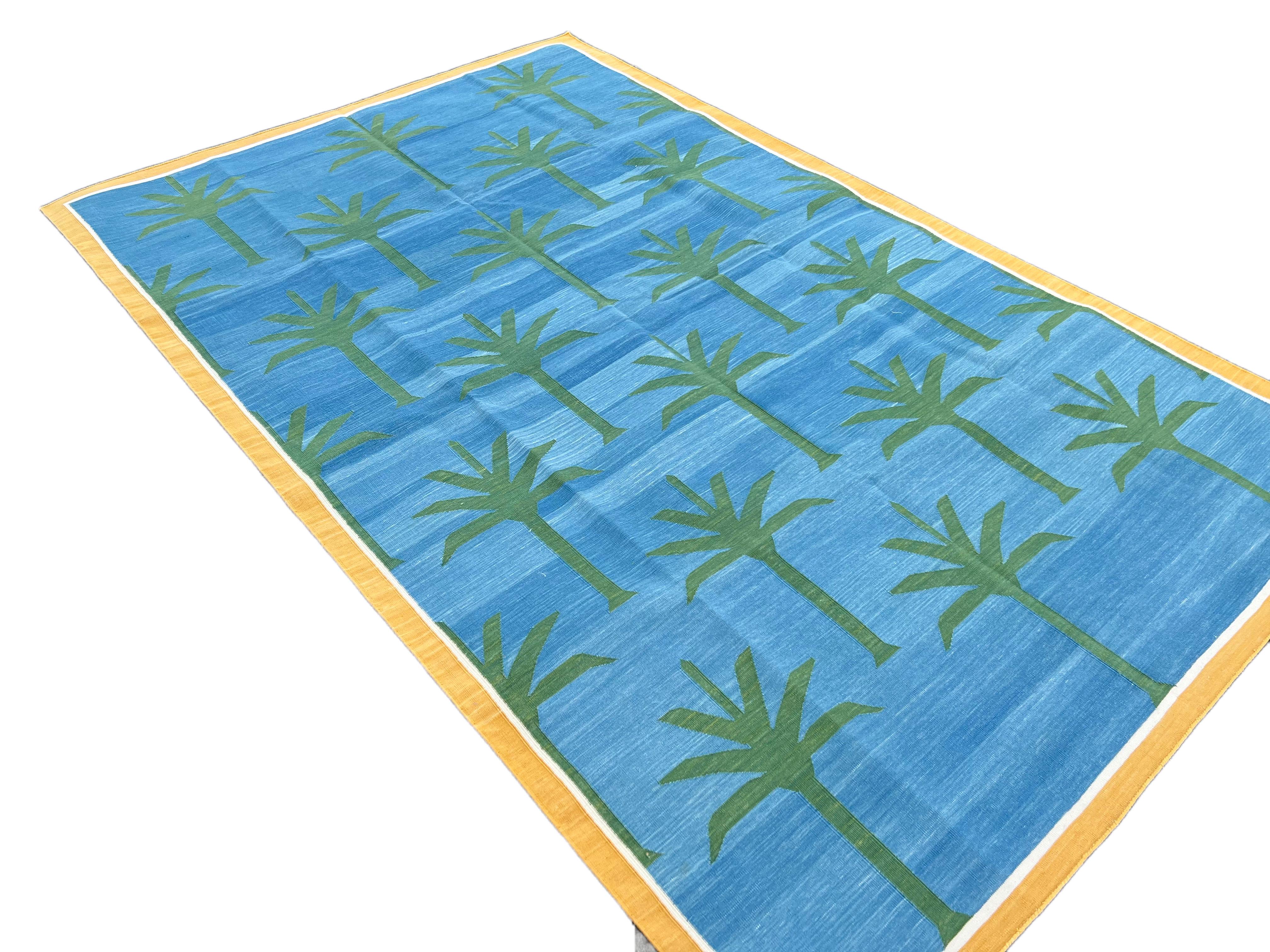 Hand-Woven Handmade Cotton Area Flat Weave Rug, 5x8 Blue And Green Palm Tree Indian Dhurrie For Sale
