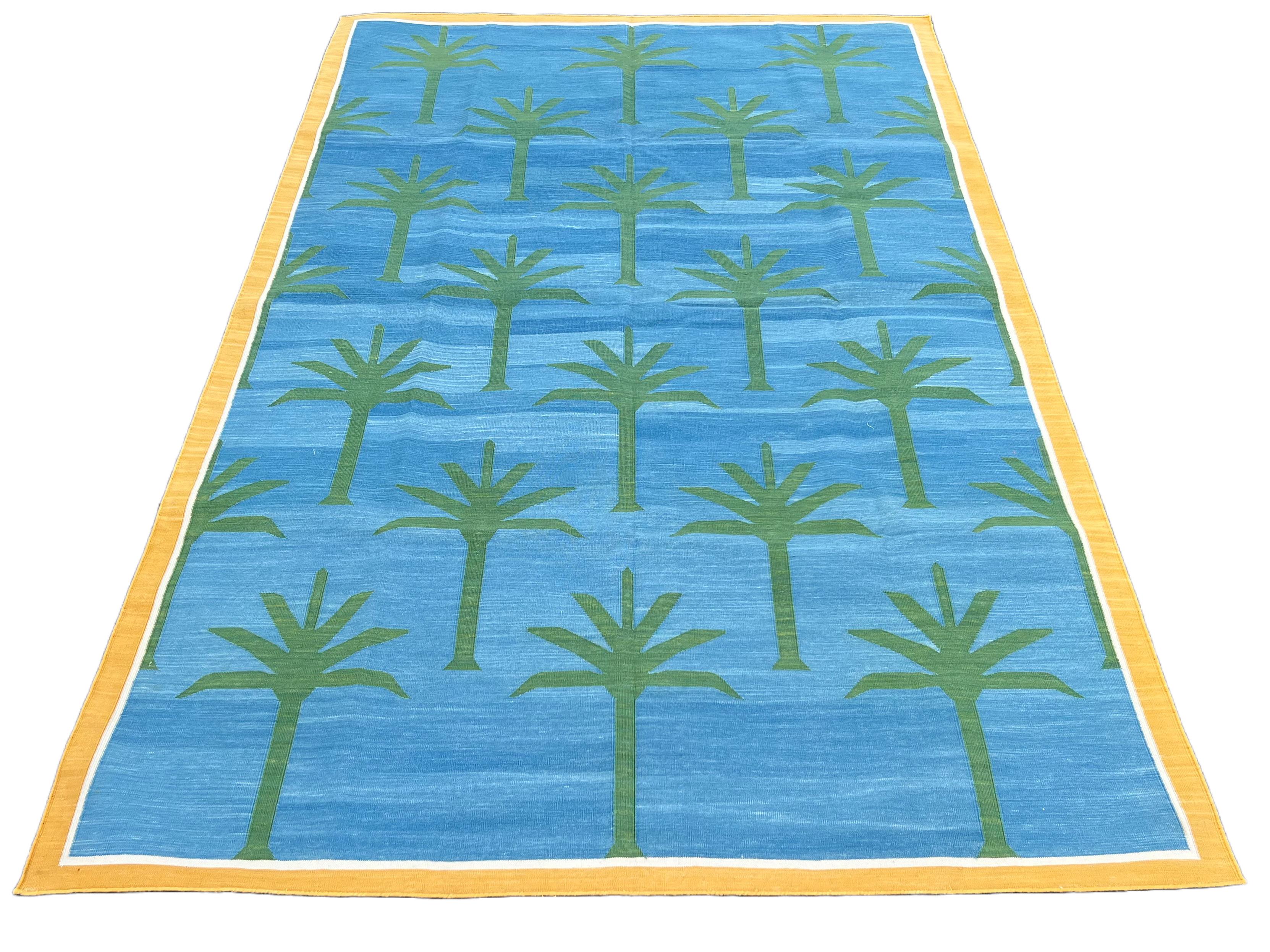Contemporary Handmade Cotton Area Flat Weave Rug, 5x8 Blue And Green Palm Tree Indian Dhurrie For Sale
