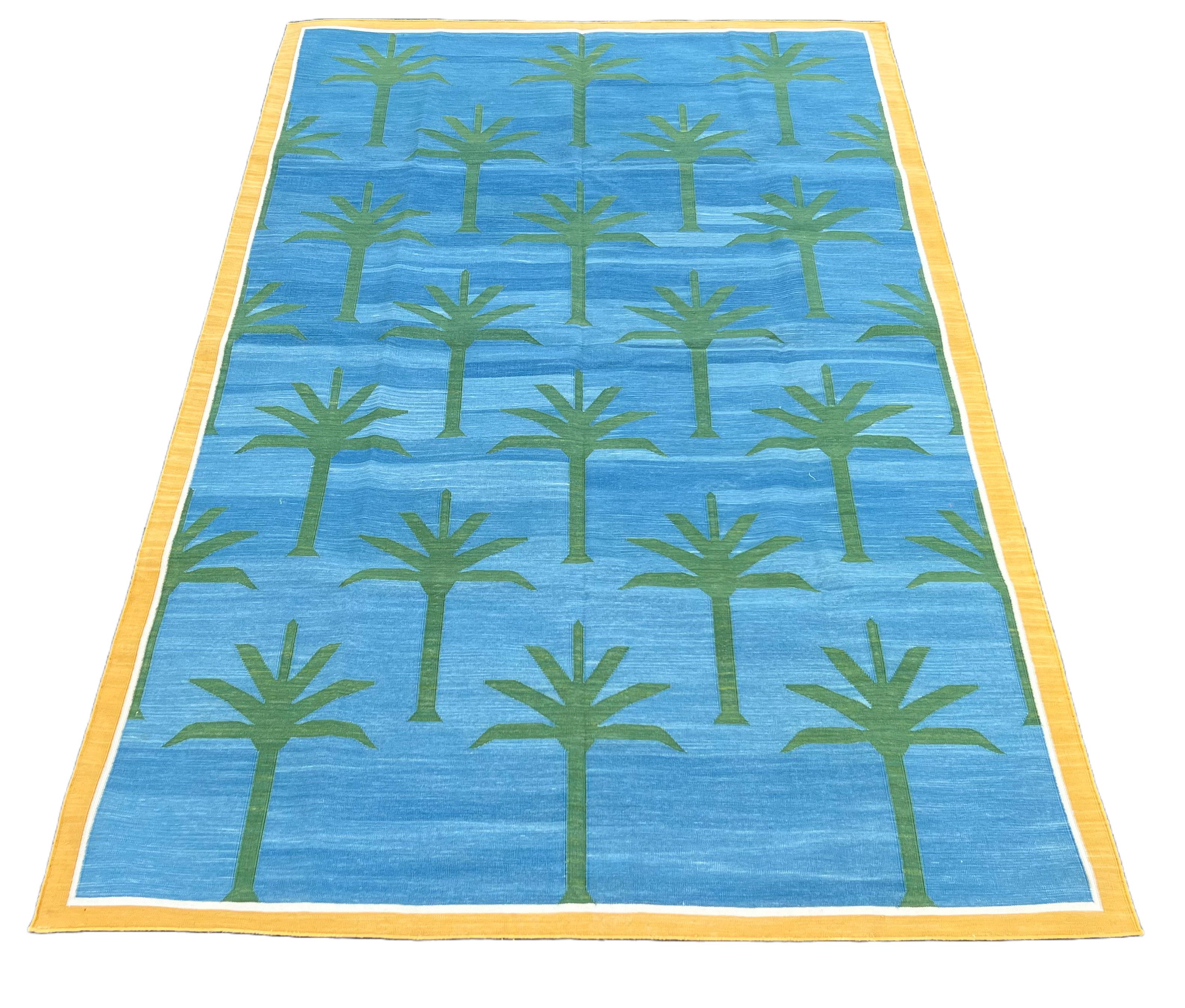 Handmade Cotton Area Flat Weave Rug, 5x8 Blue And Green Palm Tree Indian Dhurrie For Sale 1