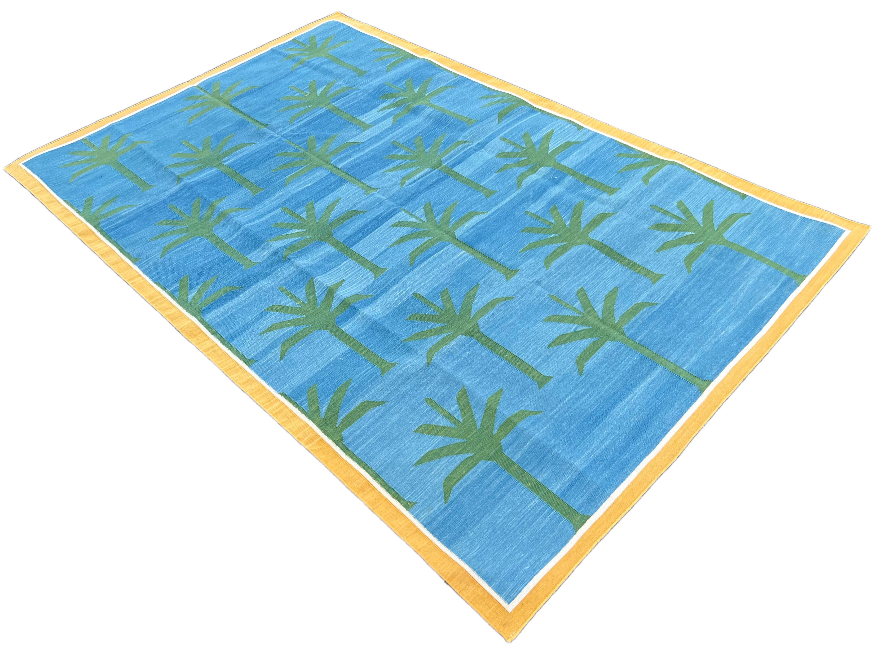 Handmade Cotton Area Flat Weave Rug, 5x8 Blue And Green Palm Tree Indian Dhurrie For Sale 2
