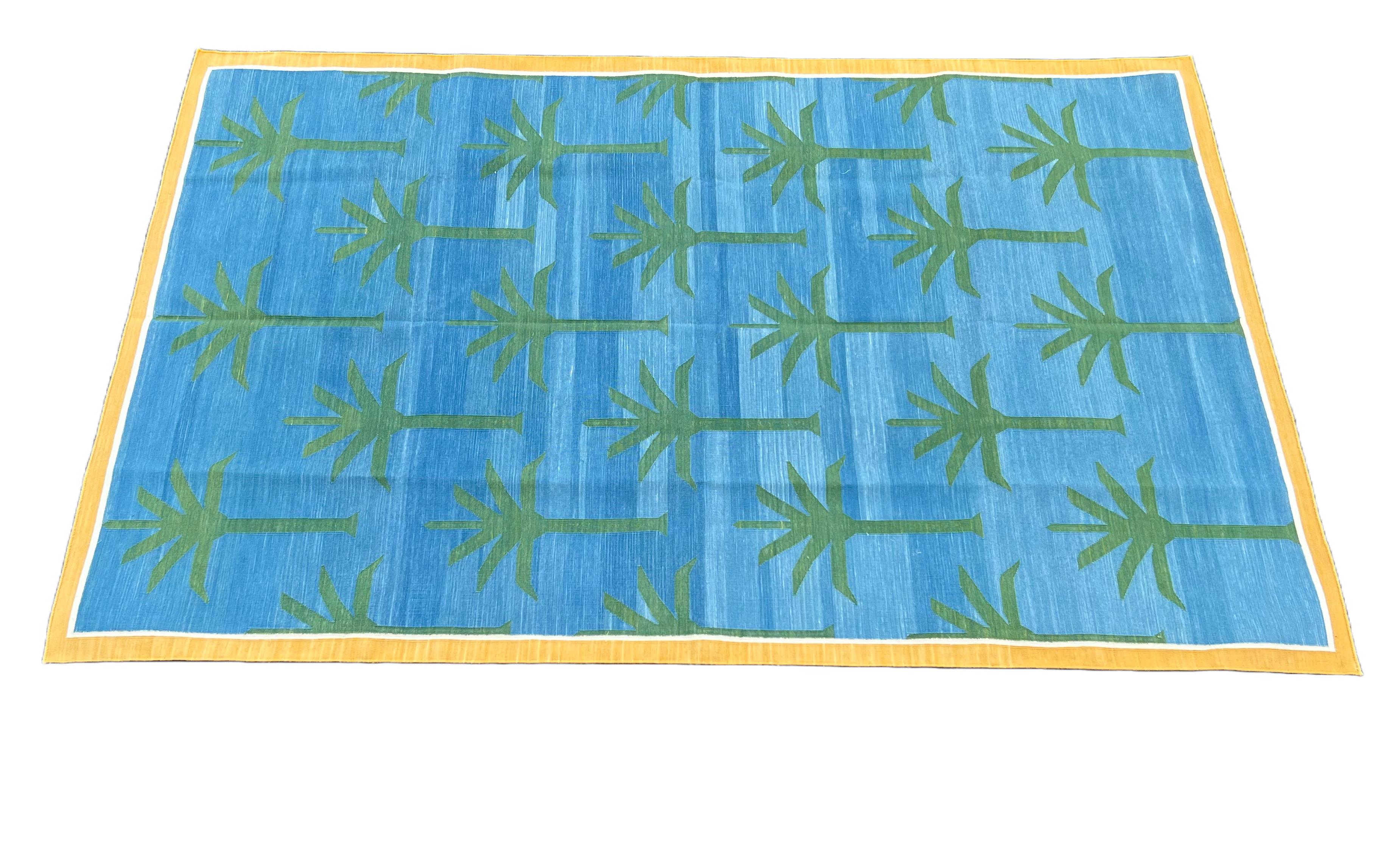 Handmade Cotton Area Flat Weave Rug, 5x8 Blue And Green Palm Tree Indian Dhurrie For Sale 3