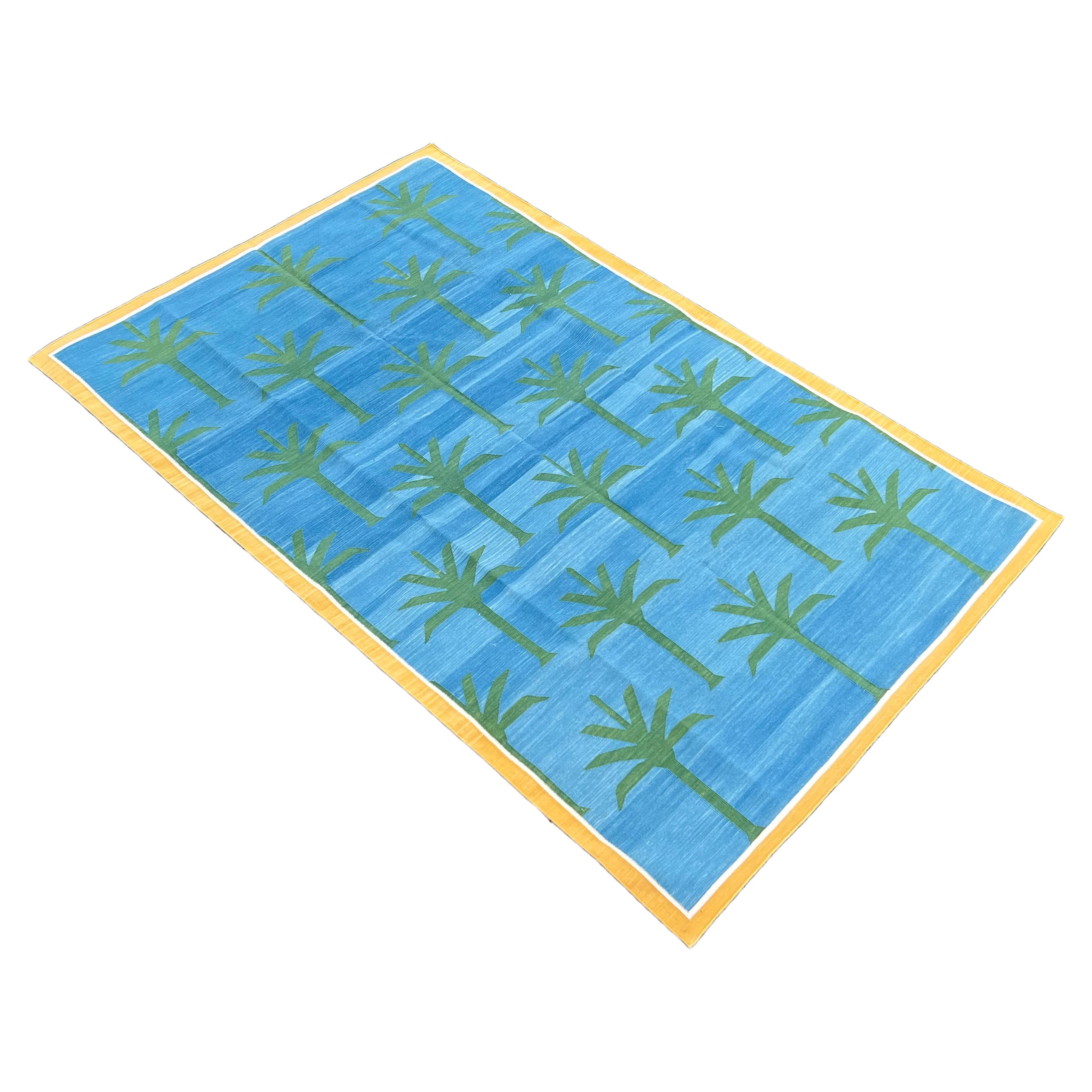 Handmade Cotton Area Flat Weave Rug, 5x8 Blue And Green Palm Tree Indian Dhurrie
