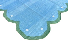 Handmade Cotton Area Flat Weave Rug, 5x8 Blue And Green Scalloped Indian Dhurrie