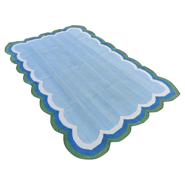 Handmade Cotton Area Flat Weave Rug, 5x8 Blue And Red Scalloped Indian ...