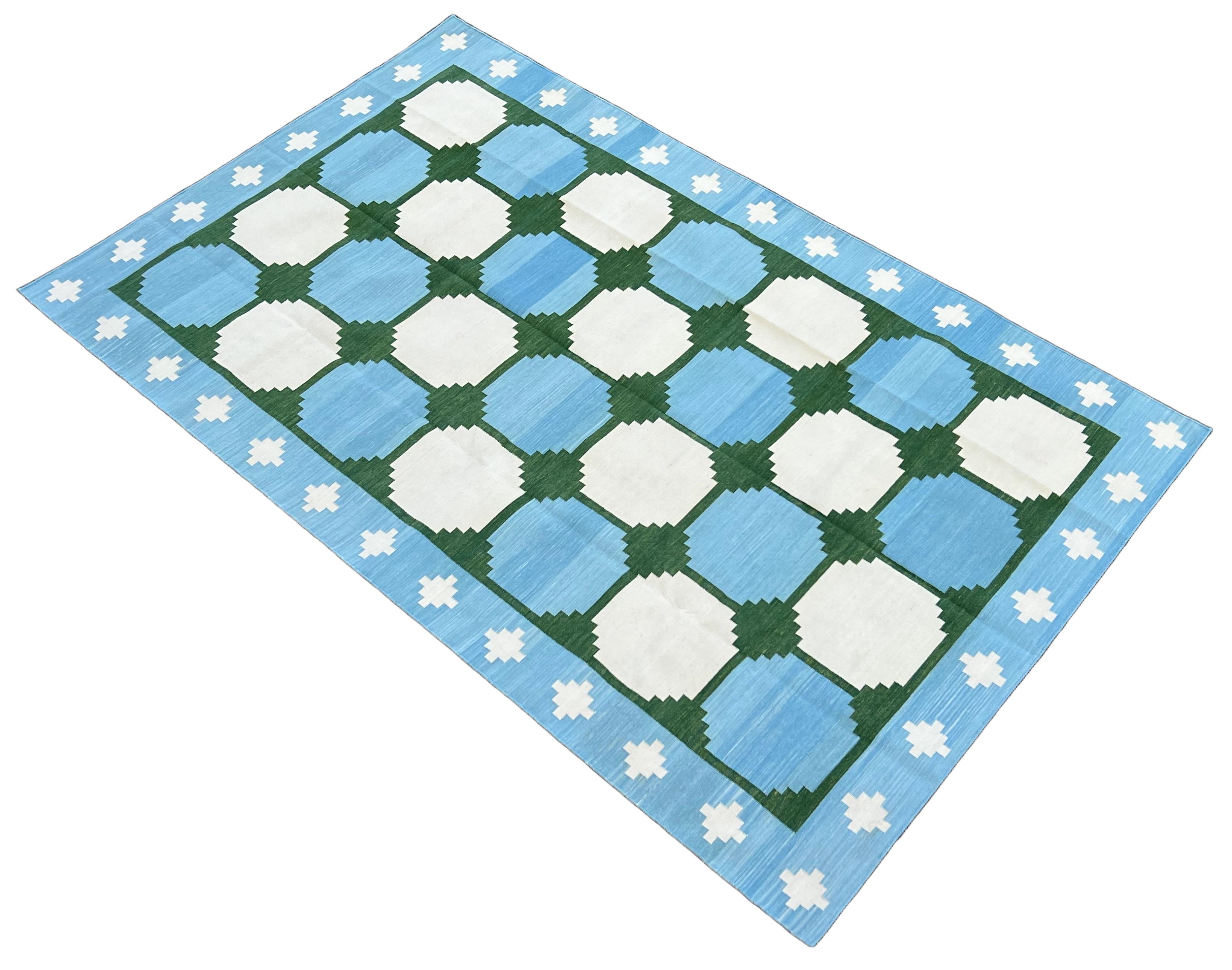 Handmade Cotton Area Flat Weave Rug, 5x8 Blue And Green Tile Indian Dhurrie Rug For Sale 4