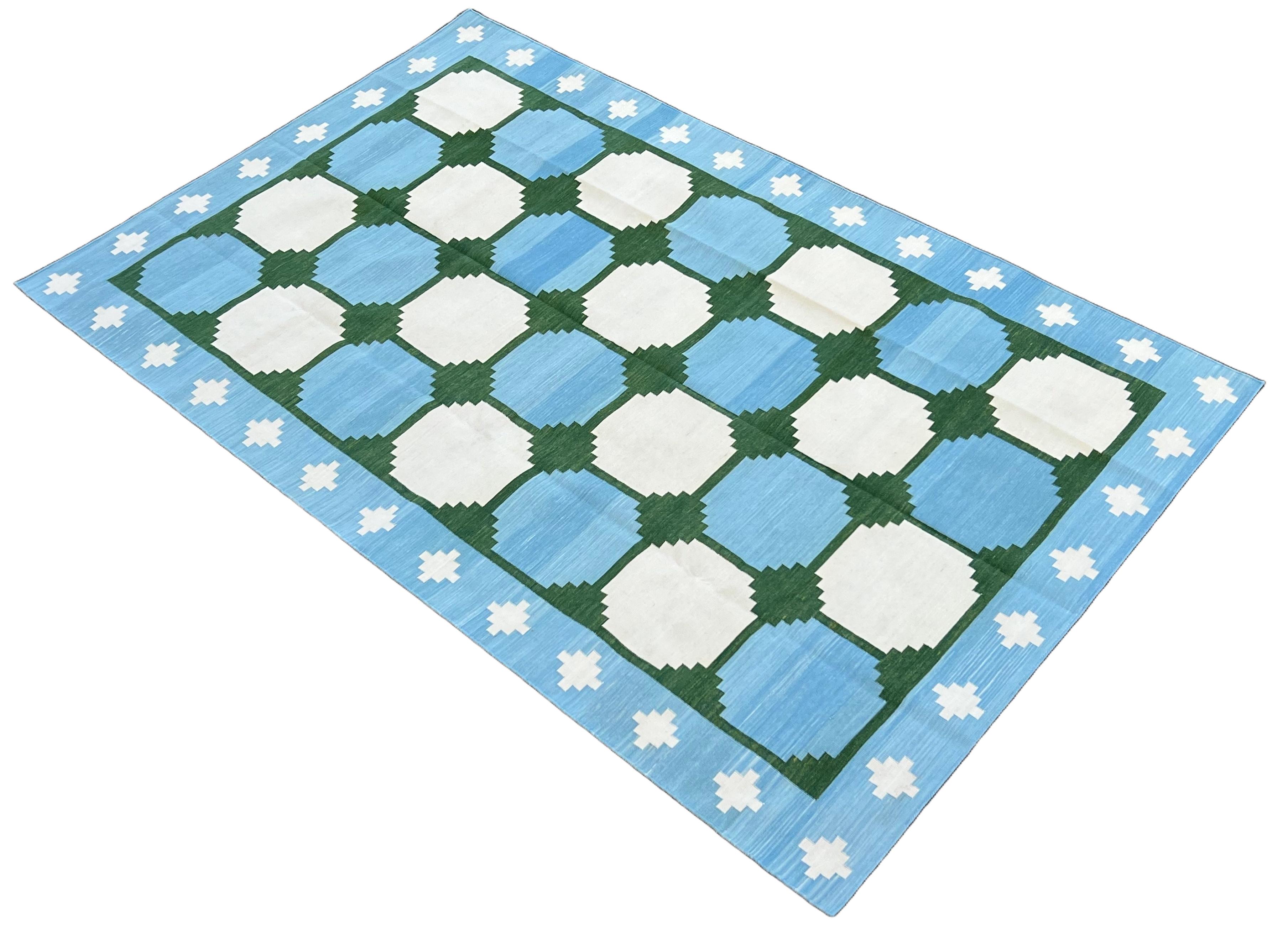 Cotton Vegetable Dyed Sky Blue, Green And Cream Tile Patterned Indian Dhurrie Rug-5'x8' 
These special flat-weave dhurries are hand-woven with 15 ply 100% cotton yarn. Due to the special manufacturing techniques used to create our rugs, the size and