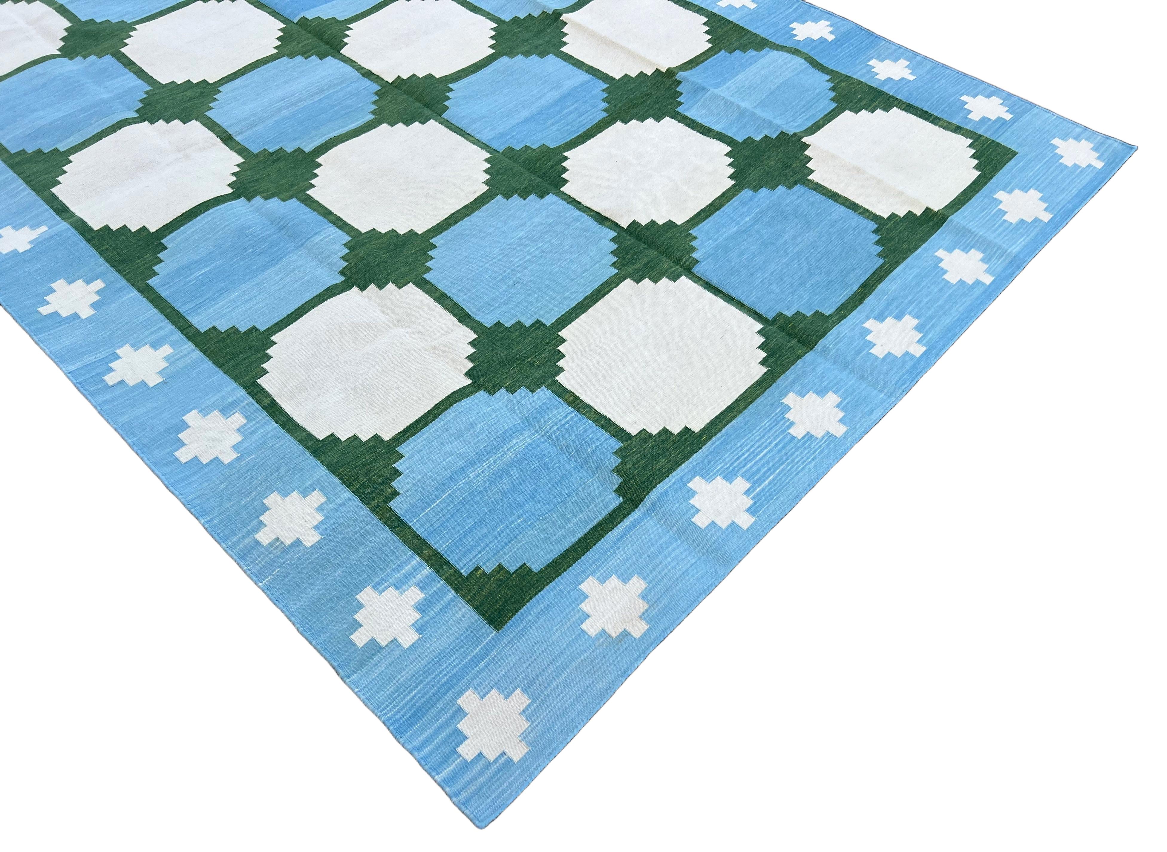 Hand-Woven Handmade Cotton Area Flat Weave Rug, 5x8 Blue And Green Tile Indian Dhurrie Rug For Sale