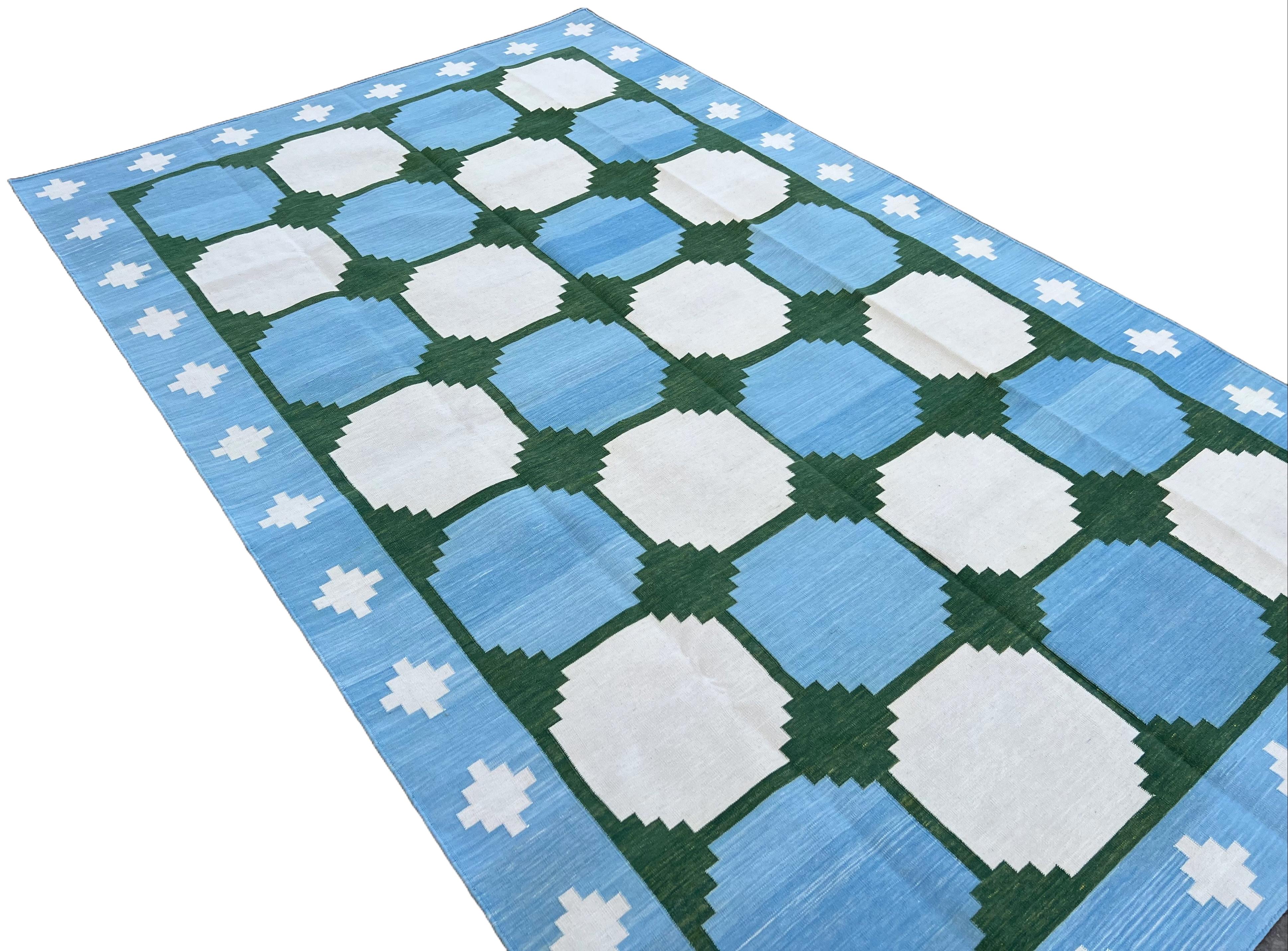 Handmade Cotton Area Flat Weave Rug, 5x8 Blue And Green Tile Indian Dhurrie Rug In New Condition For Sale In Jaipur, IN