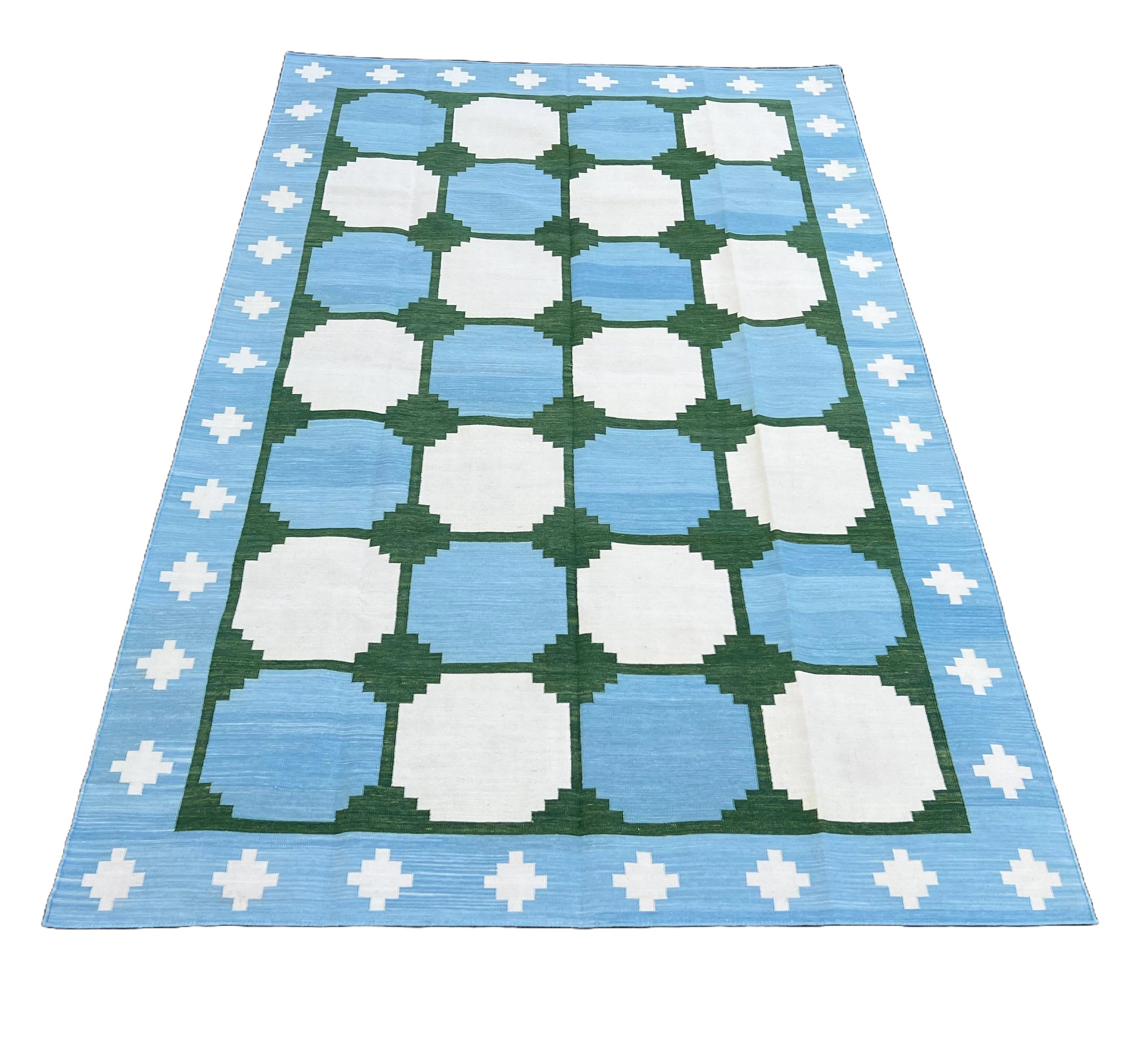 Contemporary Handmade Cotton Area Flat Weave Rug, 5x8 Blue And Green Tile Indian Dhurrie Rug For Sale