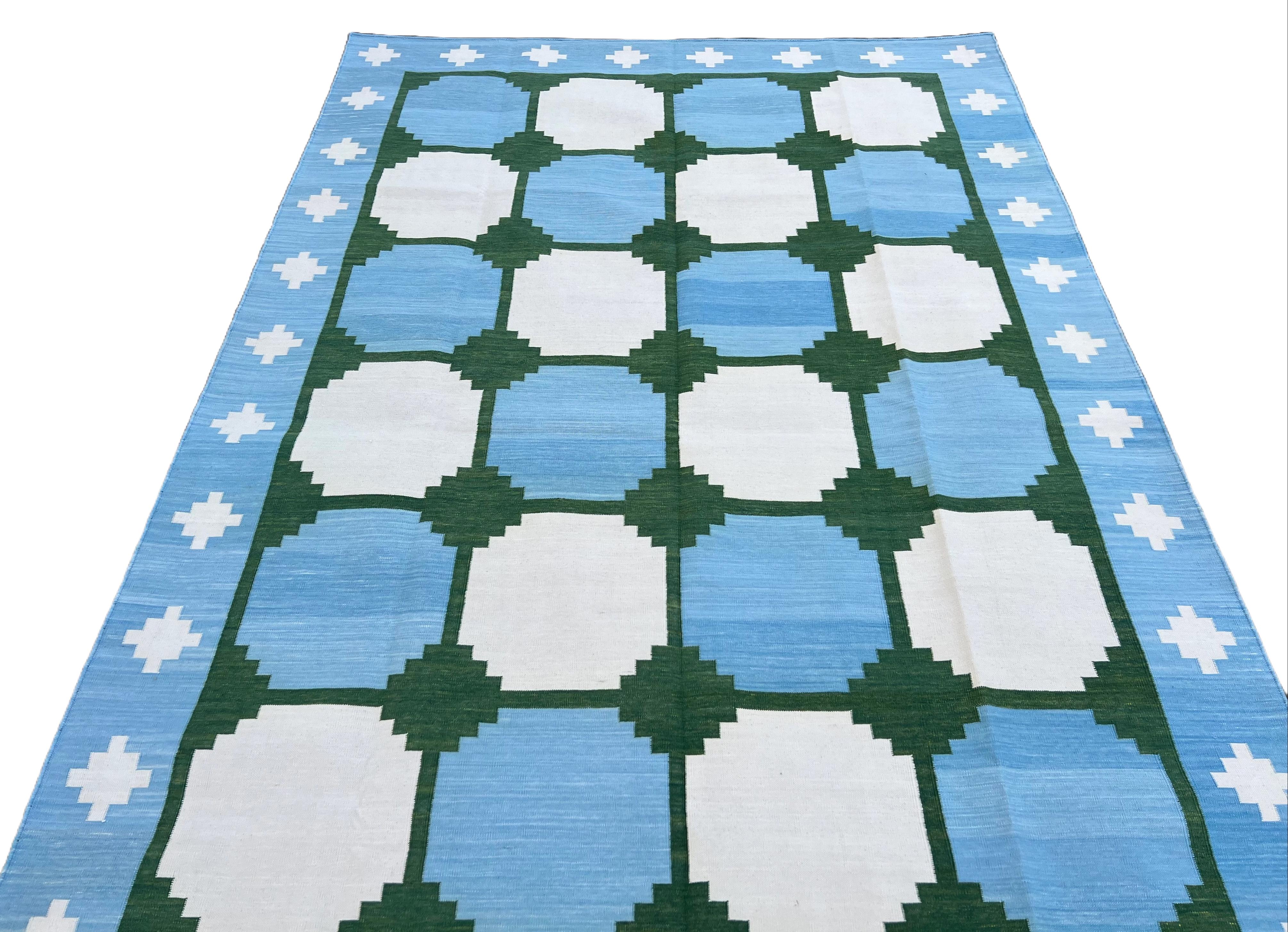 Handmade Cotton Area Flat Weave Rug, 5x8 Blue And Green Tile Indian Dhurrie Rug For Sale 1