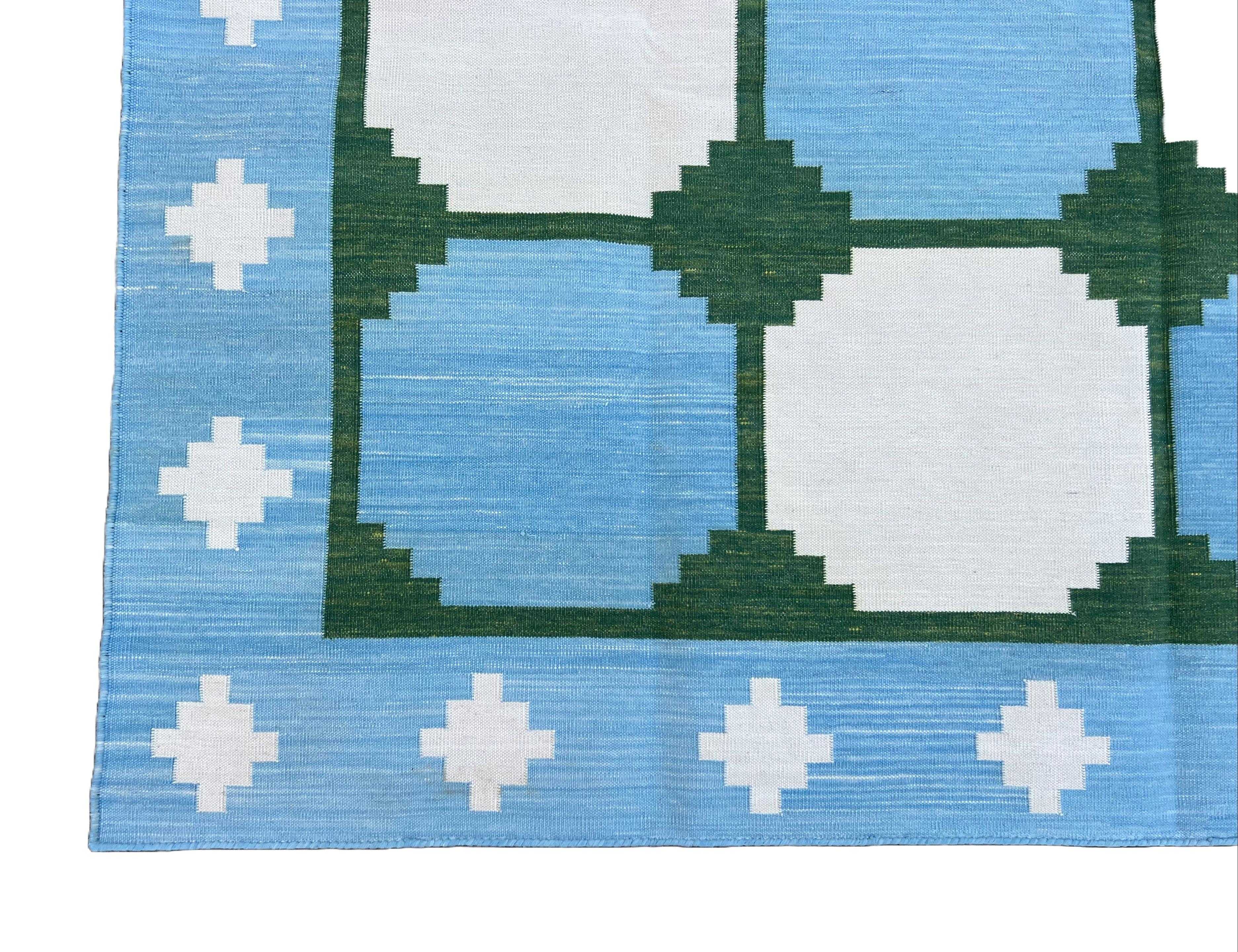 Handmade Cotton Area Flat Weave Rug, 5x8 Blue And Green Tile Indian Dhurrie Rug For Sale 2