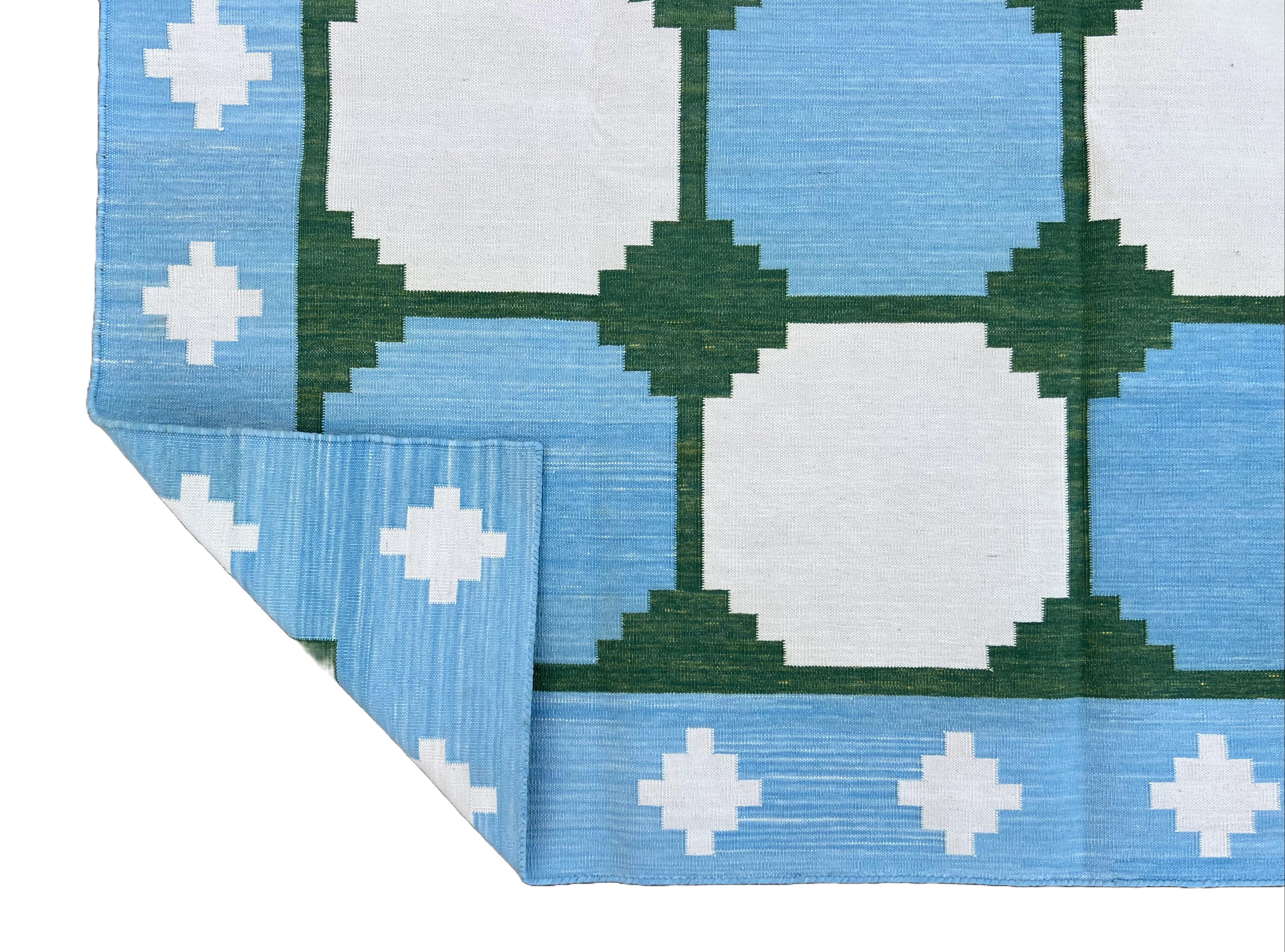 Handmade Cotton Area Flat Weave Rug, 5x8 Blue And Green Tile Indian Dhurrie Rug For Sale 3