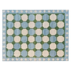 Handmade Cotton Area Flat Weave Rug, 5x8 Blue And Green Tile Indian Dhurrie Rug
