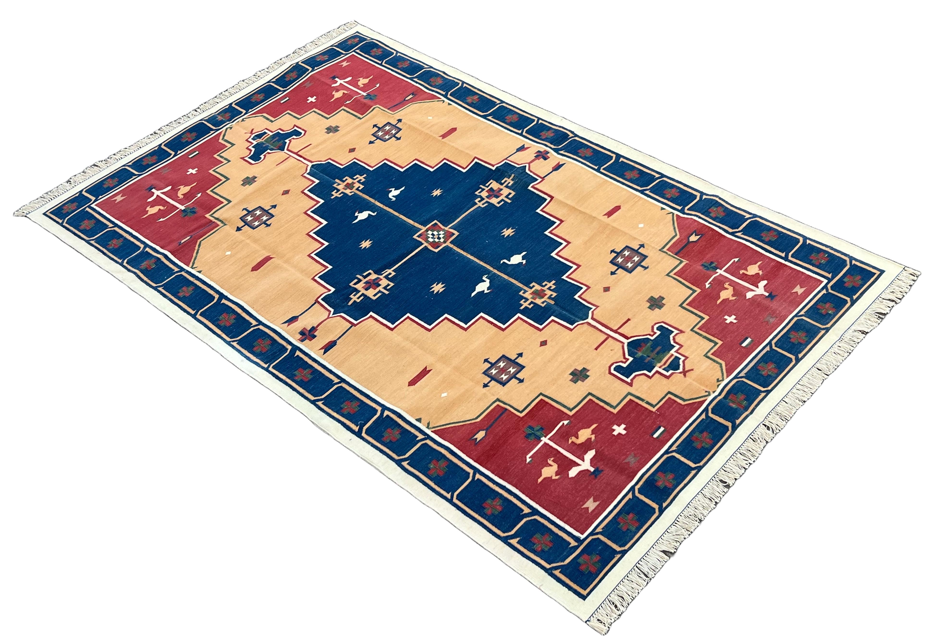 Cotton Vegetable Dyed Blue And Red Geometric Indian Dhurrie Rug-5'x8'

These special flat-weave dhurries are hand-woven with 15 ply 100% cotton yarn. Due to the special manufacturing techniques used to create our rugs, the size and color of each