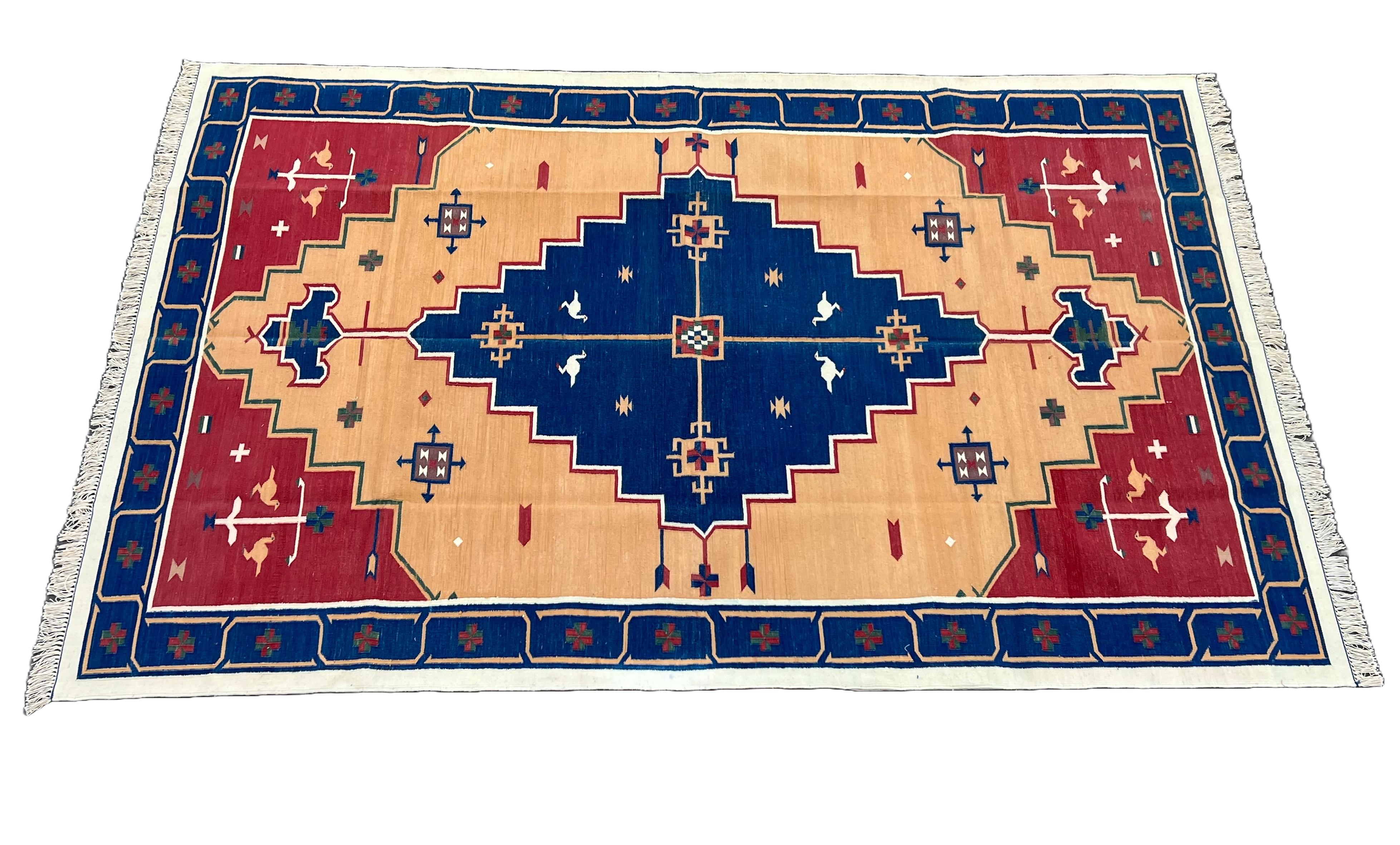 Mid-Century Modern Handmade Cotton Area Flat Weave Rug, 5x8 Blue And Red Geometric Indian Dhurrie For Sale