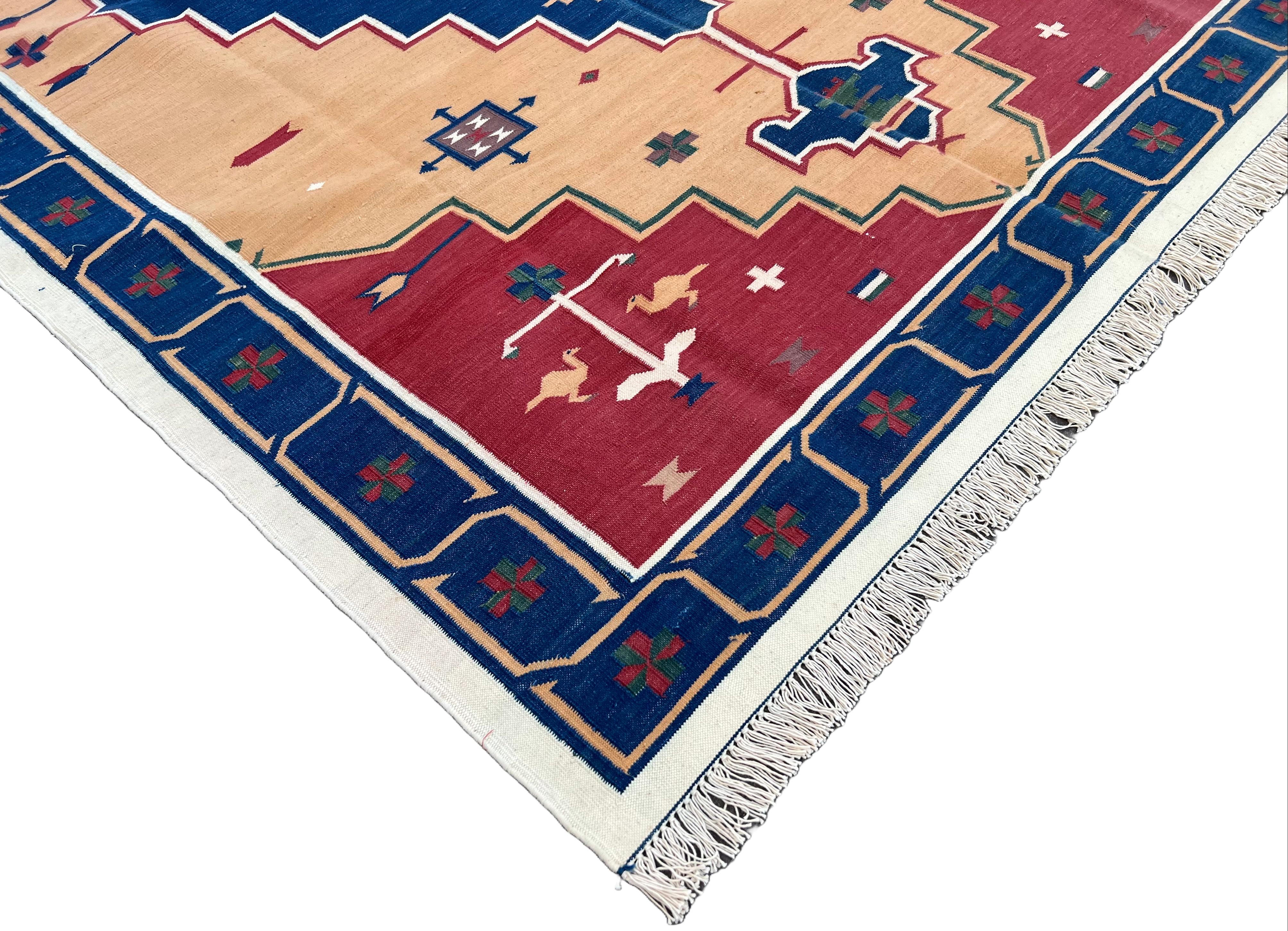 Hand-Woven Handmade Cotton Area Flat Weave Rug, 5x8 Blue And Red Geometric Indian Dhurrie For Sale