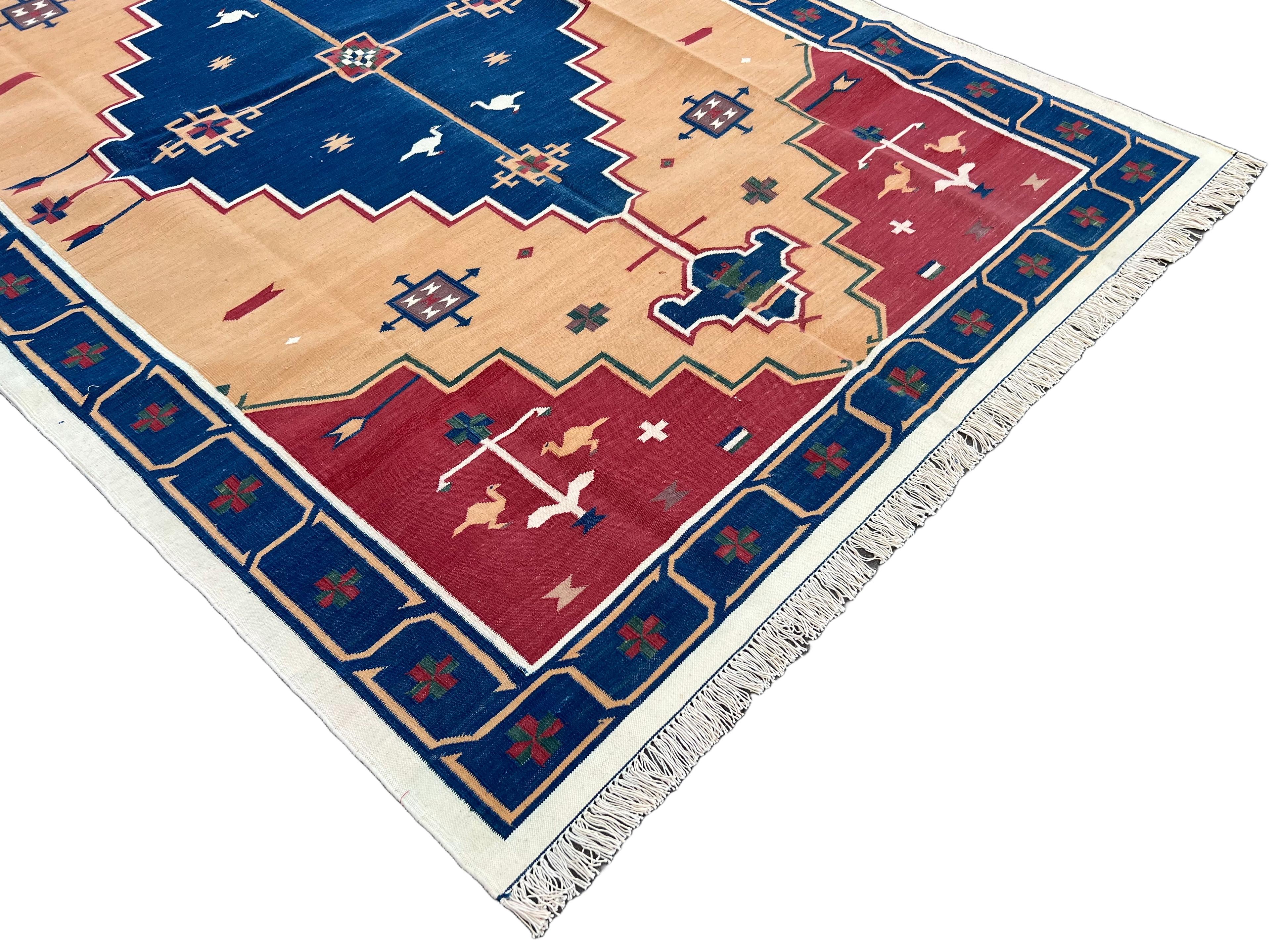 Handmade Cotton Area Flat Weave Rug, 5x8 Blue And Red Geometric Indian Dhurrie In New Condition For Sale In Jaipur, IN
