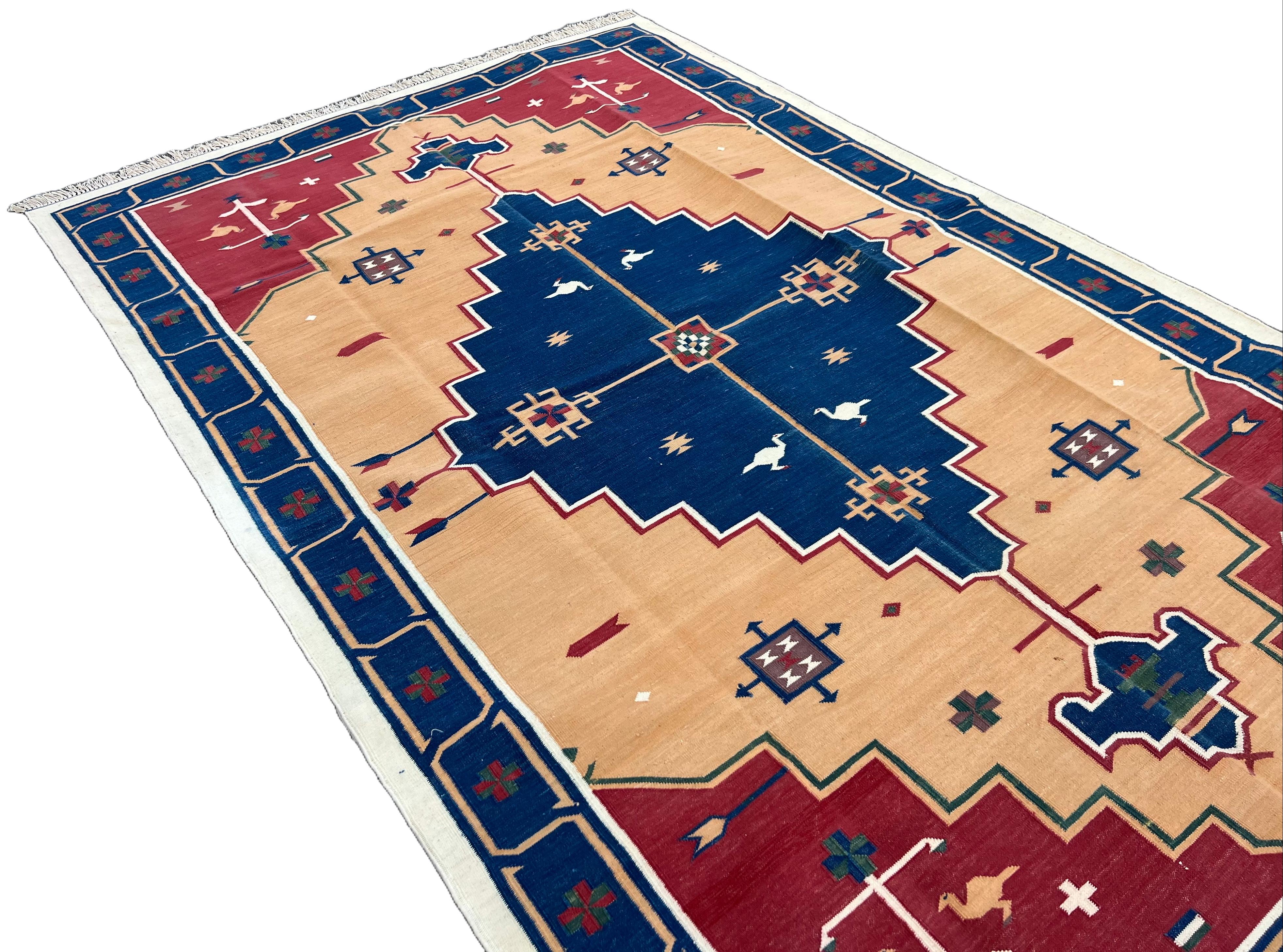 Contemporary Handmade Cotton Area Flat Weave Rug, 5x8 Blue And Red Geometric Indian Dhurrie For Sale