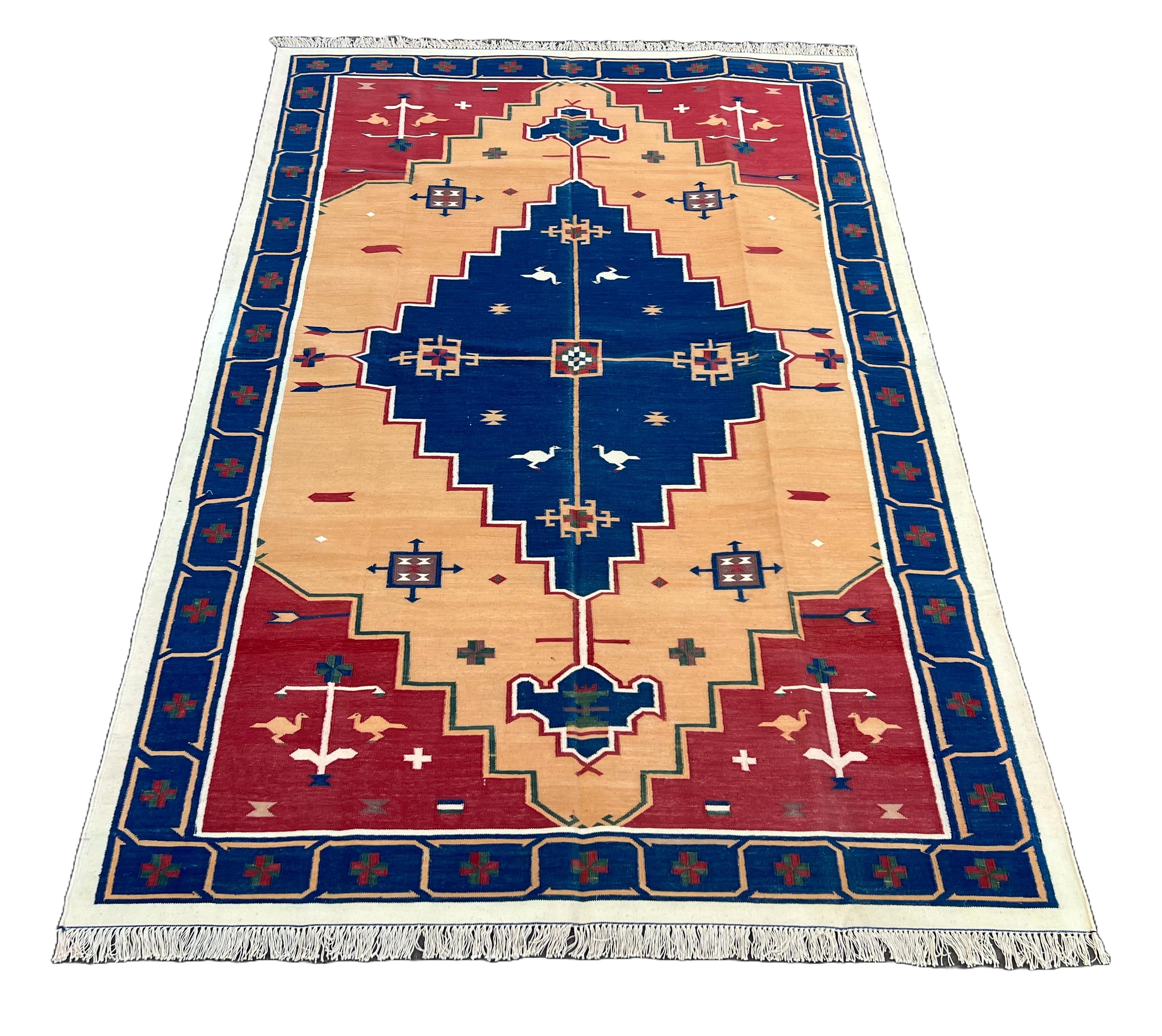 Handmade Cotton Area Flat Weave Rug, 5x8 Blue And Red Geometric Indian Dhurrie For Sale 1