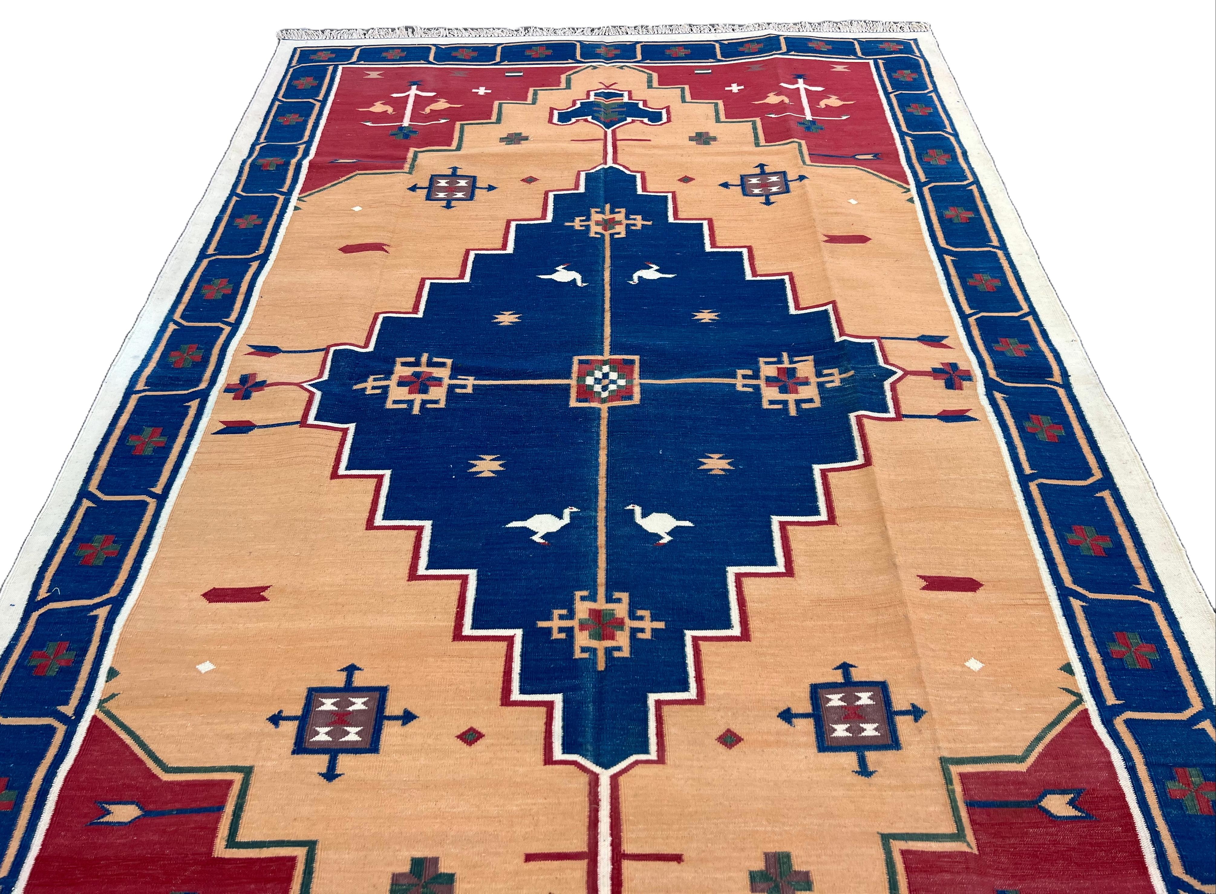 Handmade Cotton Area Flat Weave Rug, 5x8 Blue And Red Geometric Indian Dhurrie For Sale 2