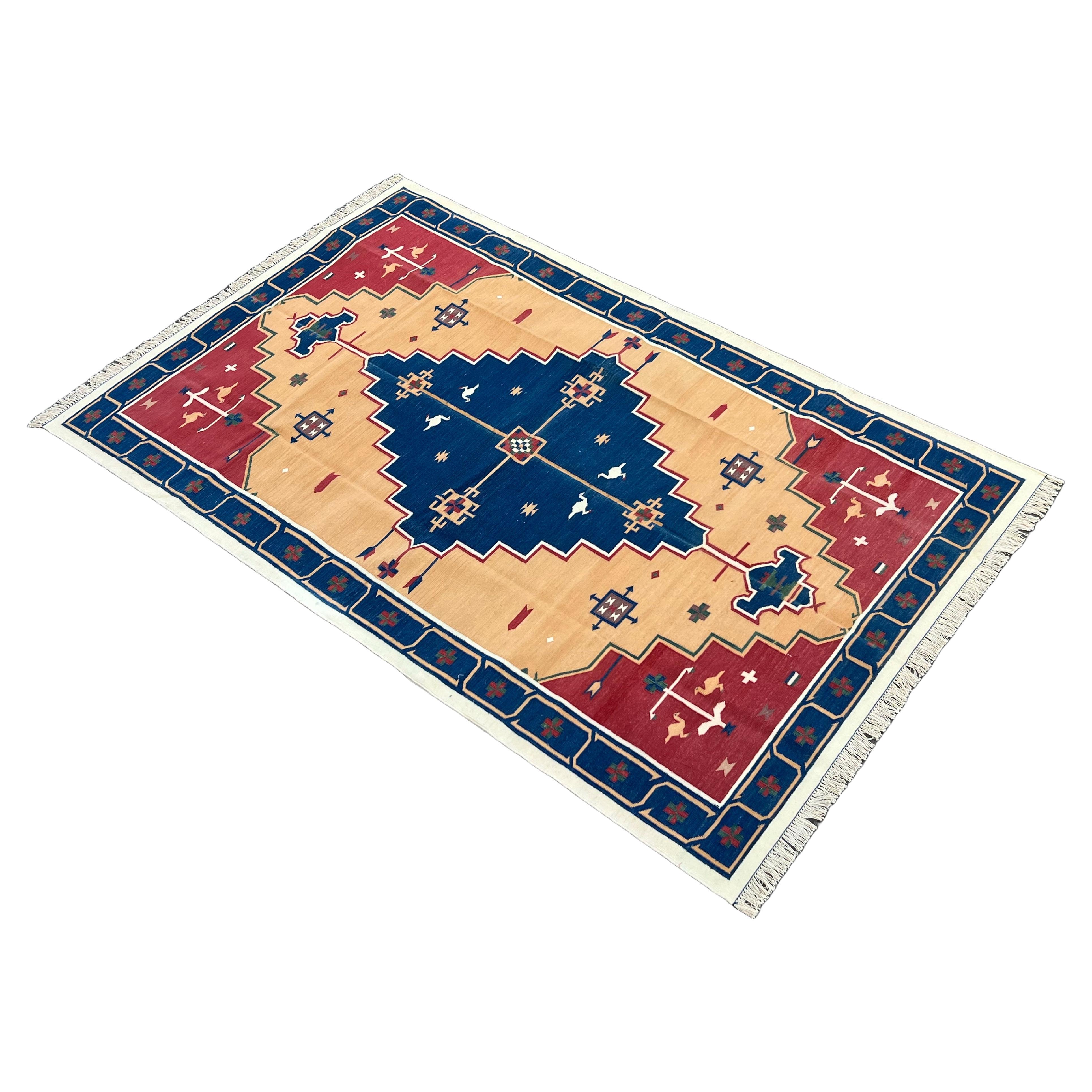 Handmade Cotton Area Flat Weave Rug, 5x8 Blue And Red Geometric Indian Dhurrie For Sale
