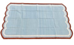 Handmade Cotton Area Flat Weave Rug, 5x8 Blue And Red Scalloped Indian Dhurrie