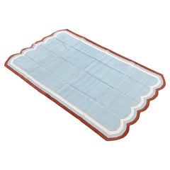 Tappeto a tessitura piatta in cotone fatto a mano, 5x8 blu e rosso con smerli, indiano Dhurrie