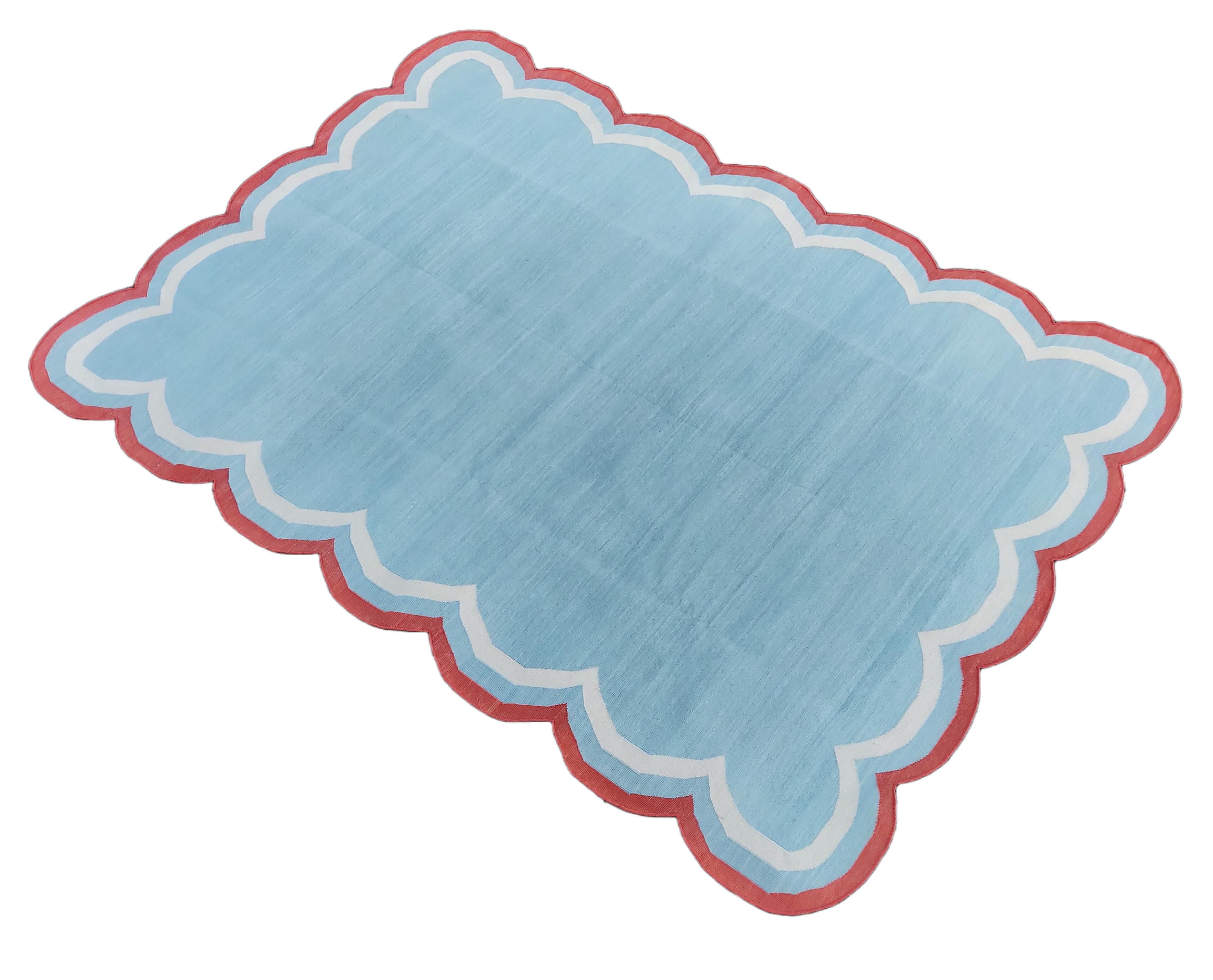 Cotton Vegetable Dyed Sky Blue, Cream And Terracotta Red Four Sided Scalloped Rug-5'x8' 
(Scallops runs on all Four Sides)
These special flat-weave dhurries are hand-woven with 15 ply 100% cotton yarn. Due to the special manufacturing techniques