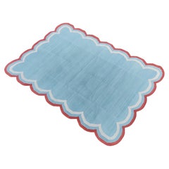 Handgefertigter flacher Baumwollteppich mit Flachgewebe, 5x8 Blauer und roter Wellenschliff Kelim Dhurrie