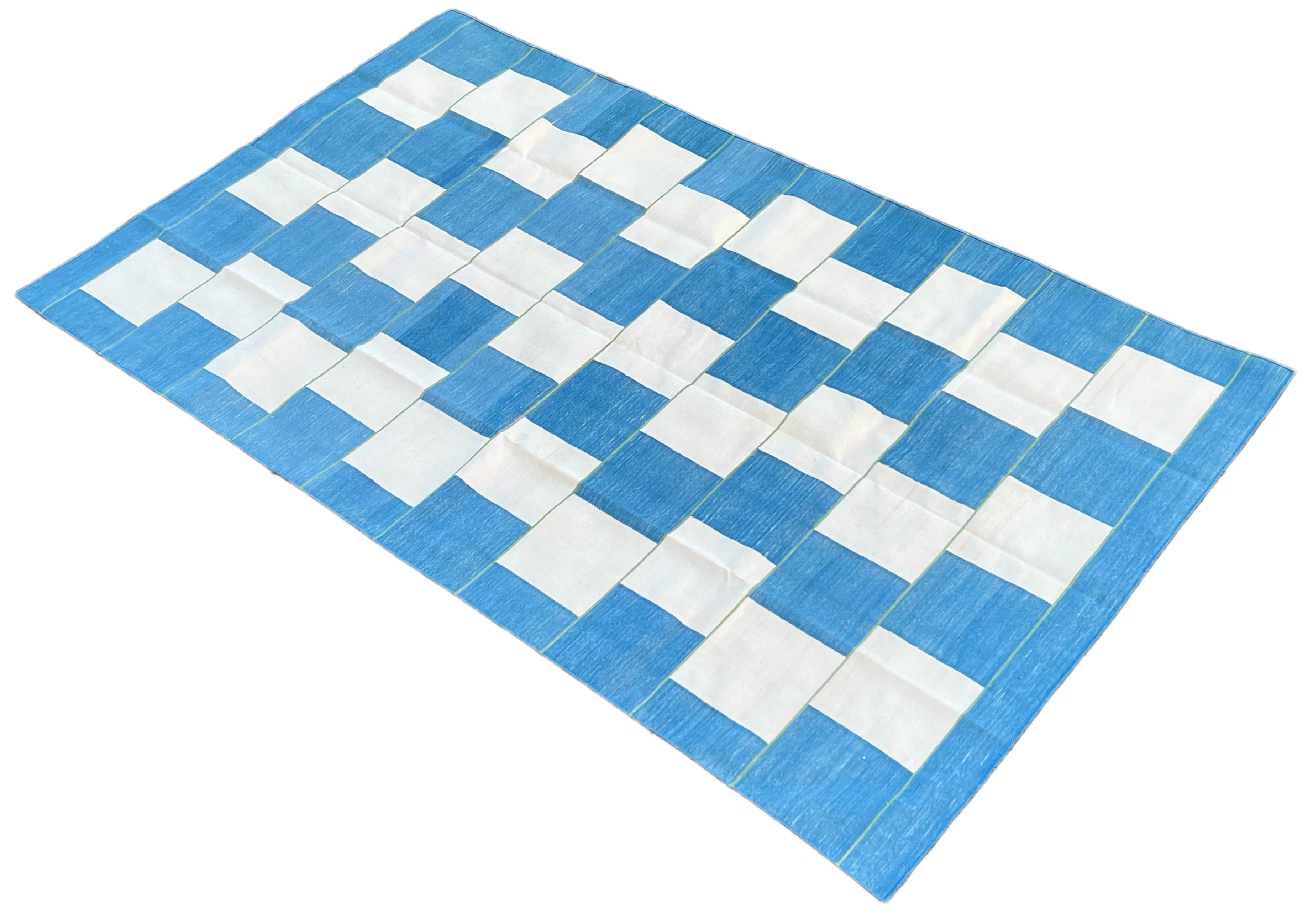 Handmade Cotton Area Flat Weave Rug, 5x8 Blue And White Checked Indian Dhurrie For Sale 4