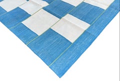 Handmade Cotton Area Flat Weave Rug, 5x8 Blue And White Checked Indian Dhurrie