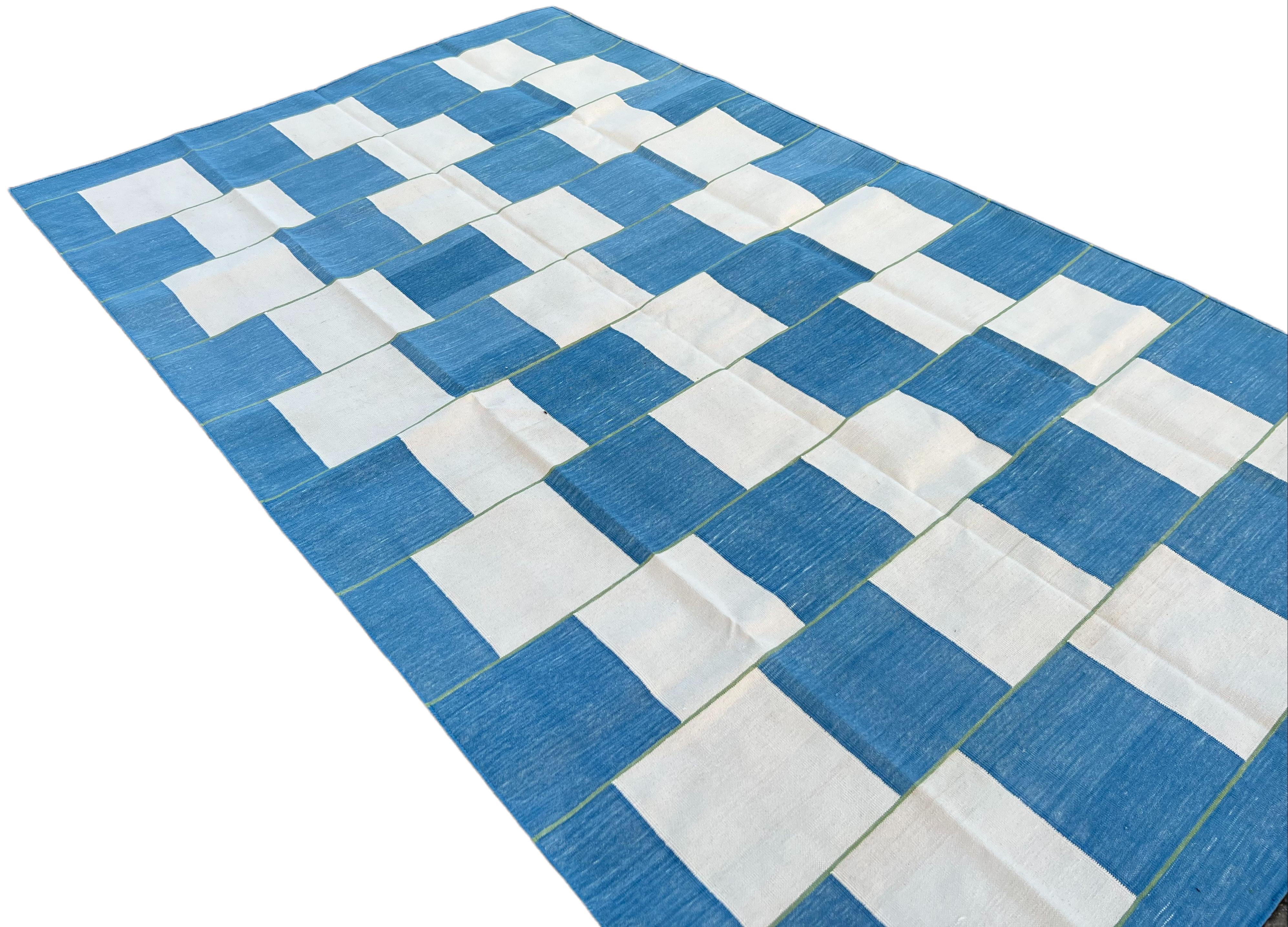Hand-Woven Handmade Cotton Area Flat Weave Rug, 5x8 Blue And White Checked Indian Dhurrie For Sale