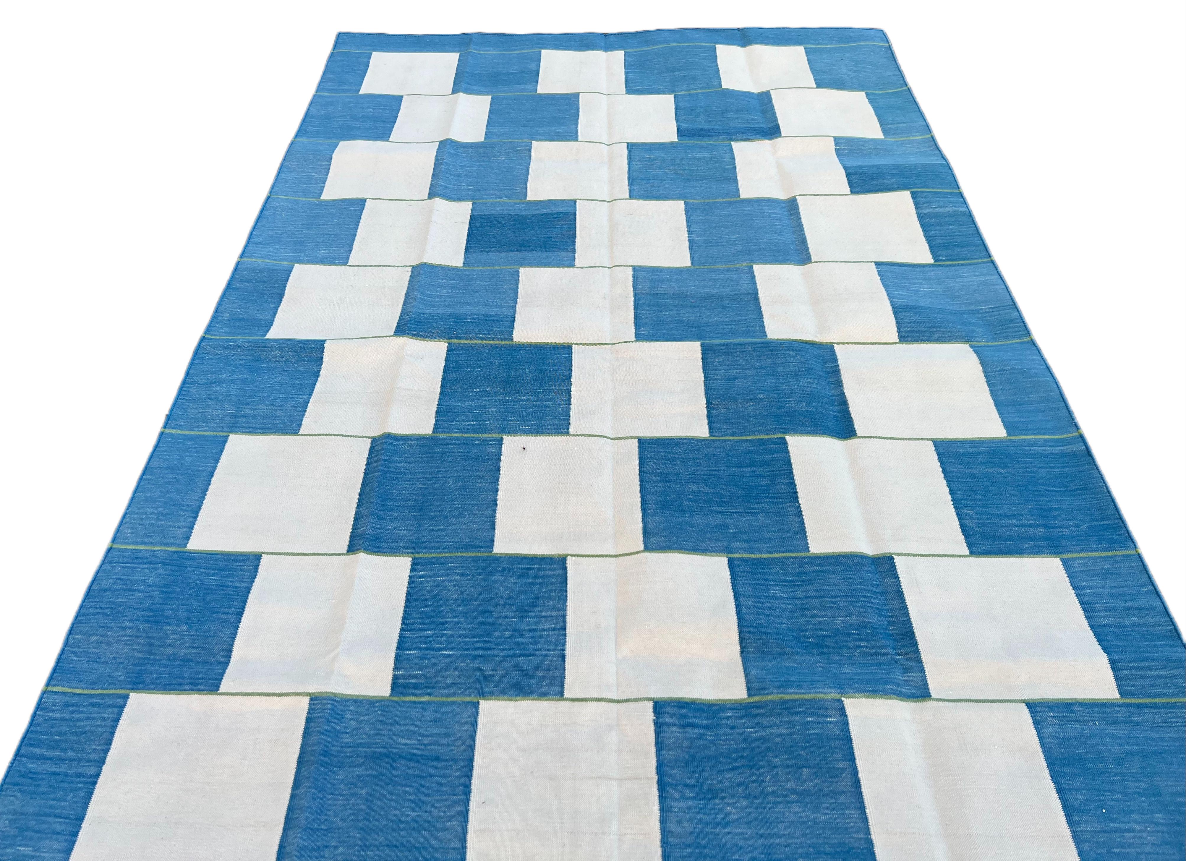 Contemporary Handmade Cotton Area Flat Weave Rug, 5x8 Blue And White Checked Indian Dhurrie For Sale
