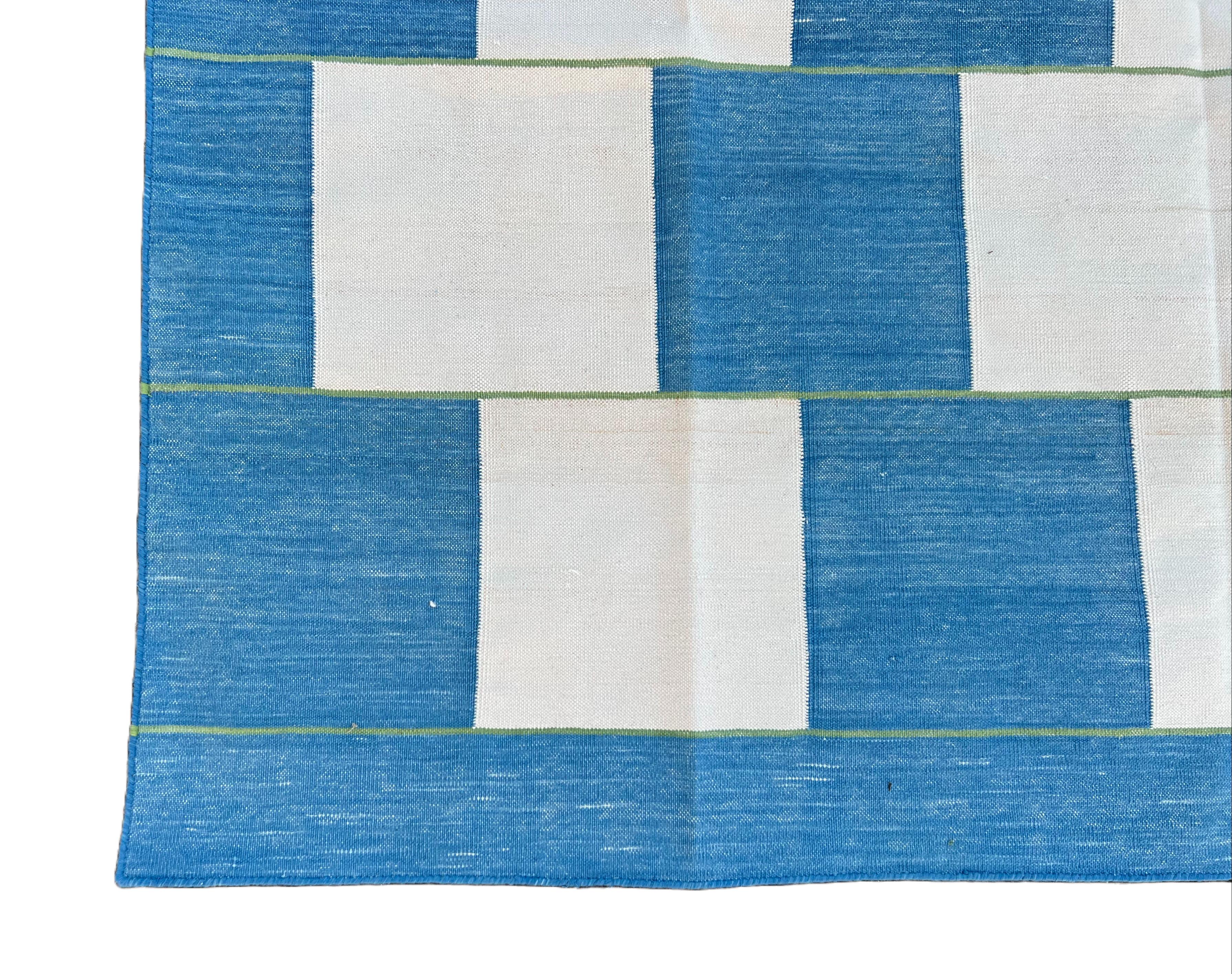 Handmade Cotton Area Flat Weave Rug, 5x8 Blue And White Checked Indian Dhurrie For Sale 1