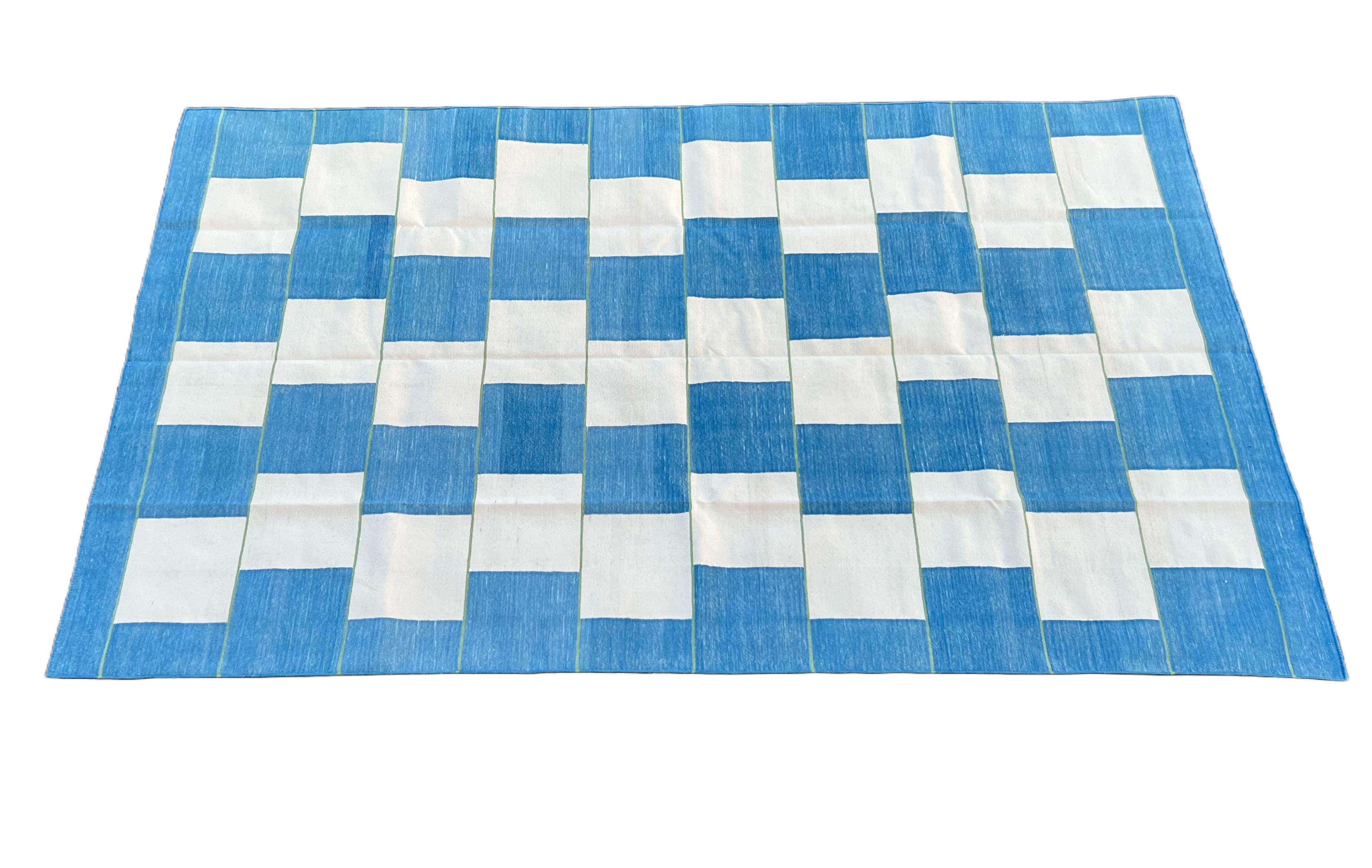 Handmade Cotton Area Flat Weave Rug, 5x8 Blue And White Checked Indian Dhurrie For Sale 3