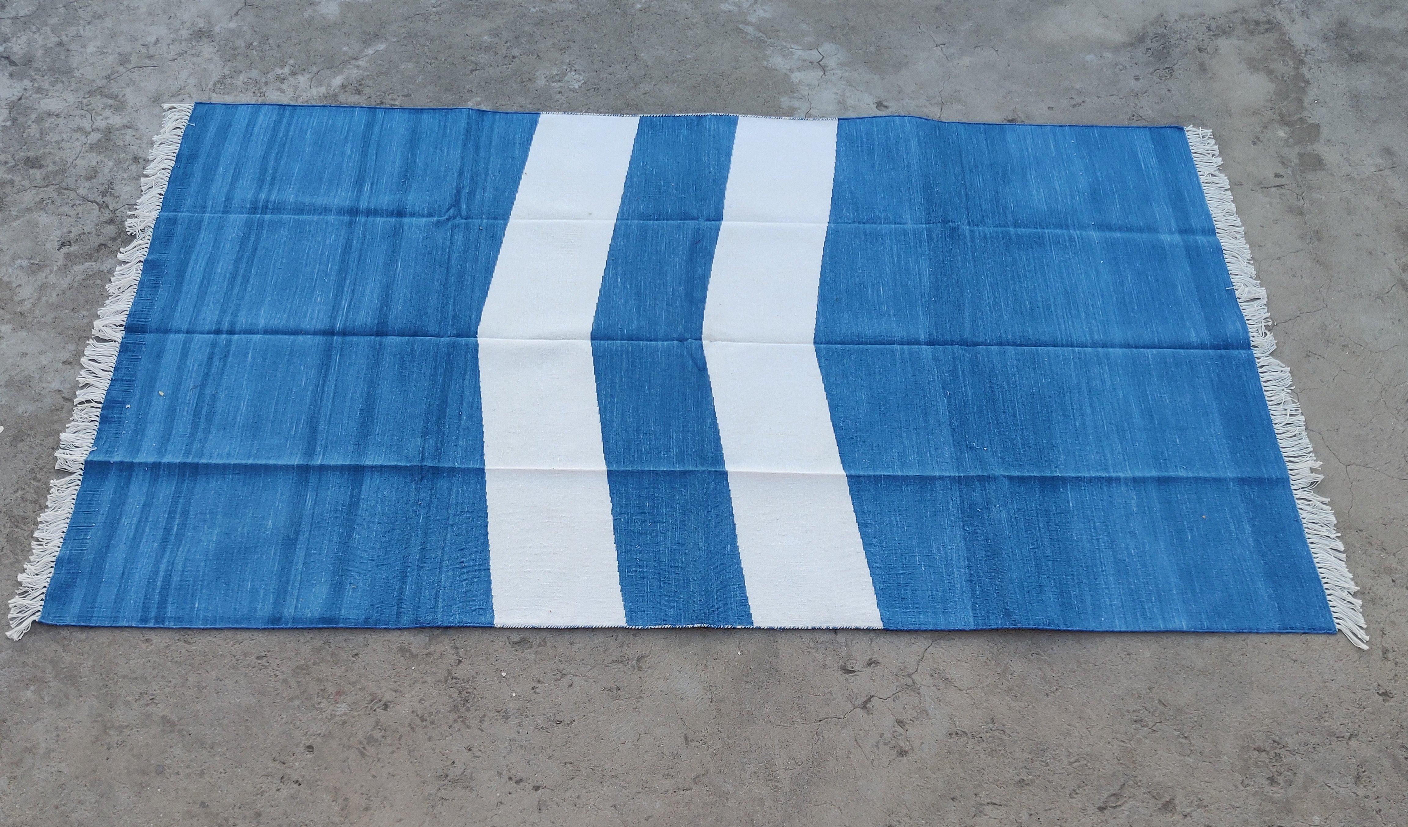 Handmade Cotton Area Flat Weave Rug, 5x8 Blue And White Striped Indian Dhurrie For Sale 4