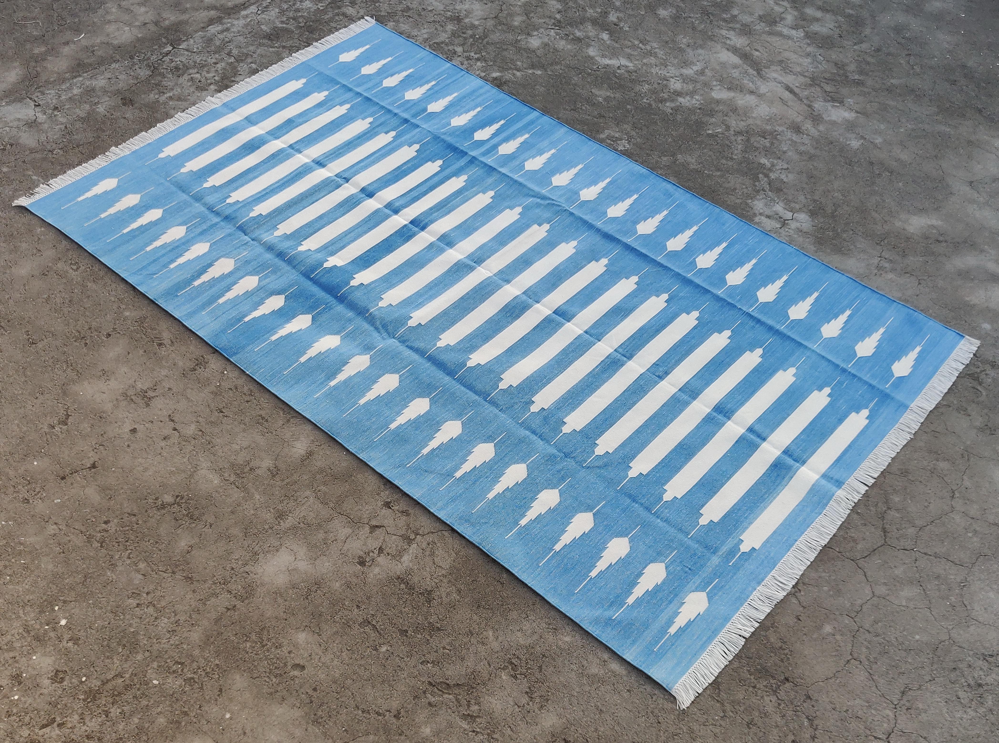 Handmade Cotton Area Flat Weave Rug, 5x8 Blue And White Striped Indian Dhurrie For Sale 5