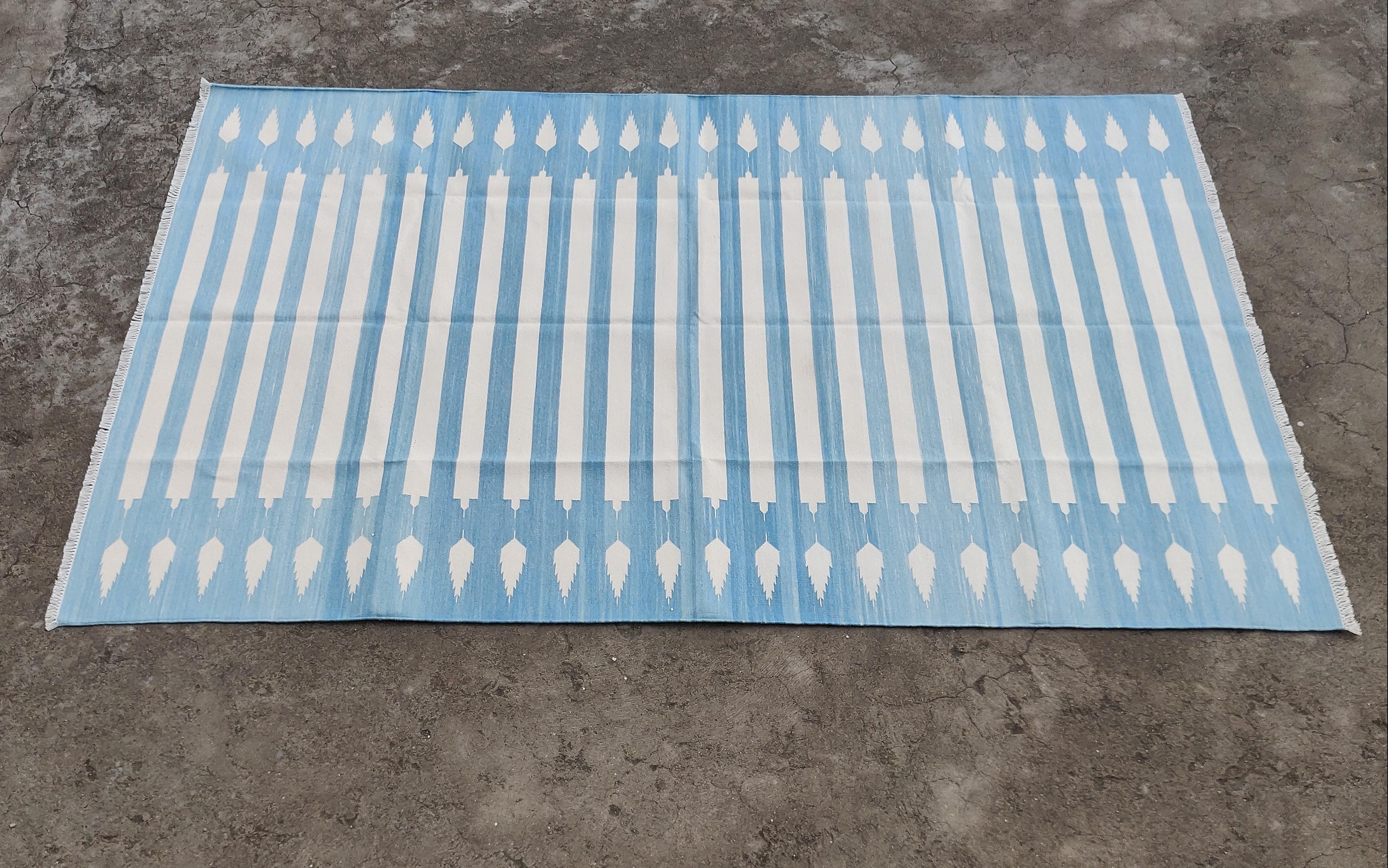 Handmade Cotton Area Flat Weave Rug, 5x8 Blue And White Striped Indian Dhurrie For Sale 6
