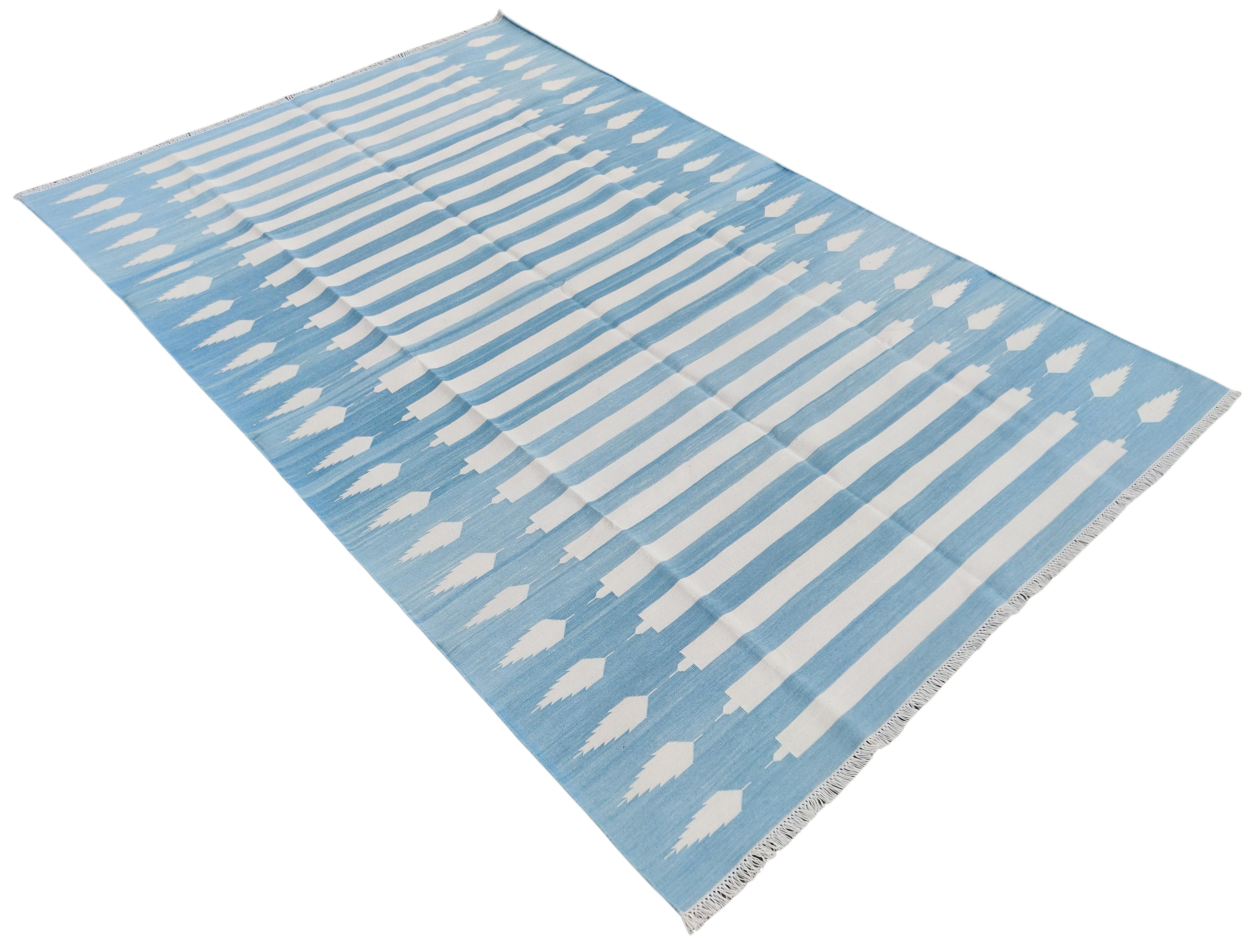 Cotton Natural Vegetable Dyed, Sky Blue And White Striped Indian Rug - 5'x8'
These special flat-weave dhurries are hand-woven with 15 ply 100% cotton yarn. Due to the special manufacturing techniques used to create our rugs, the size and color of