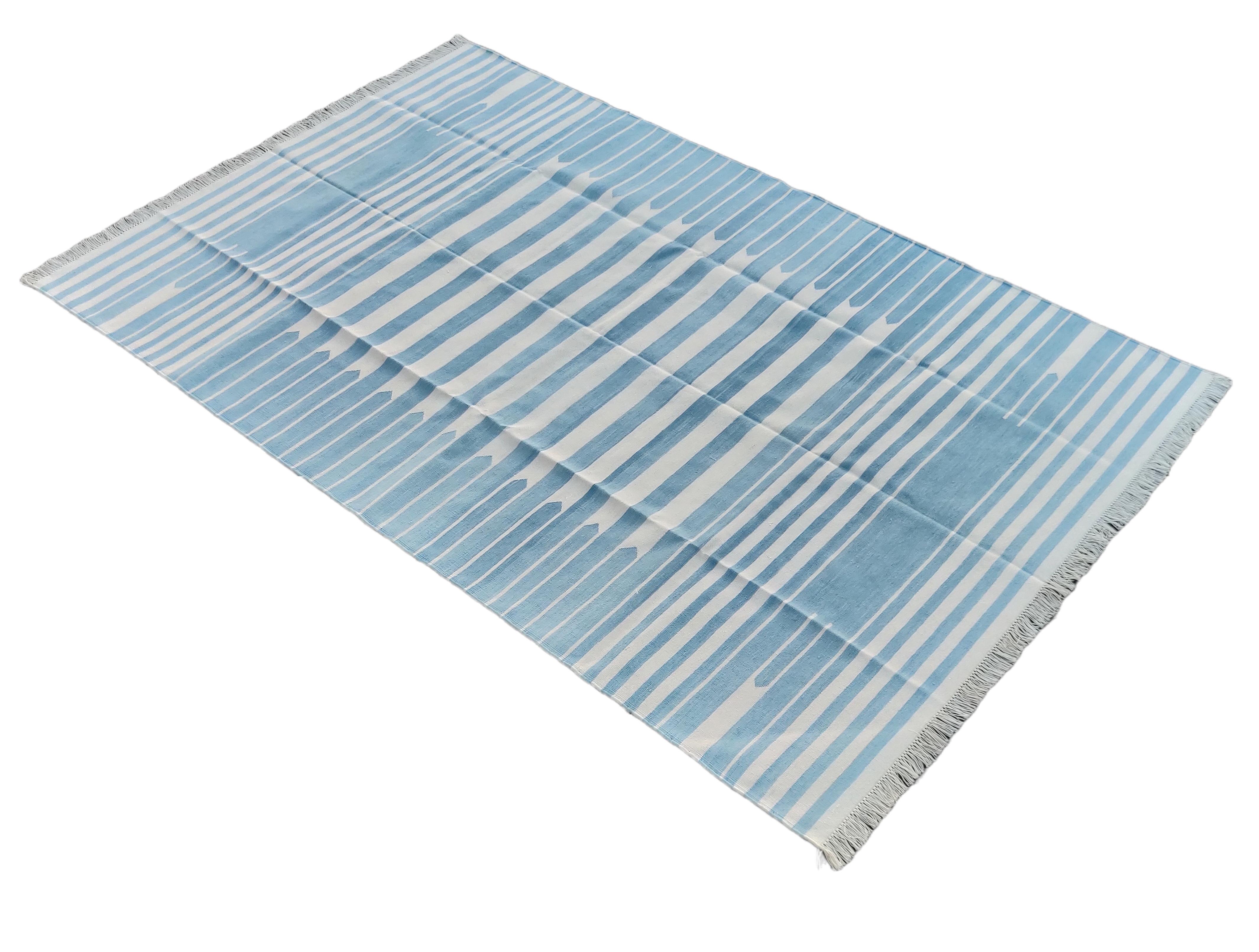Cotton Vegetable Dyed Blue And White Striped Indian Dhurrie Rug-5'x8' 
These special flat-weave dhurries are hand-woven with 15 ply 100% cotton yarn. Due to the special manufacturing techniques used to create our rugs, the size and color of each