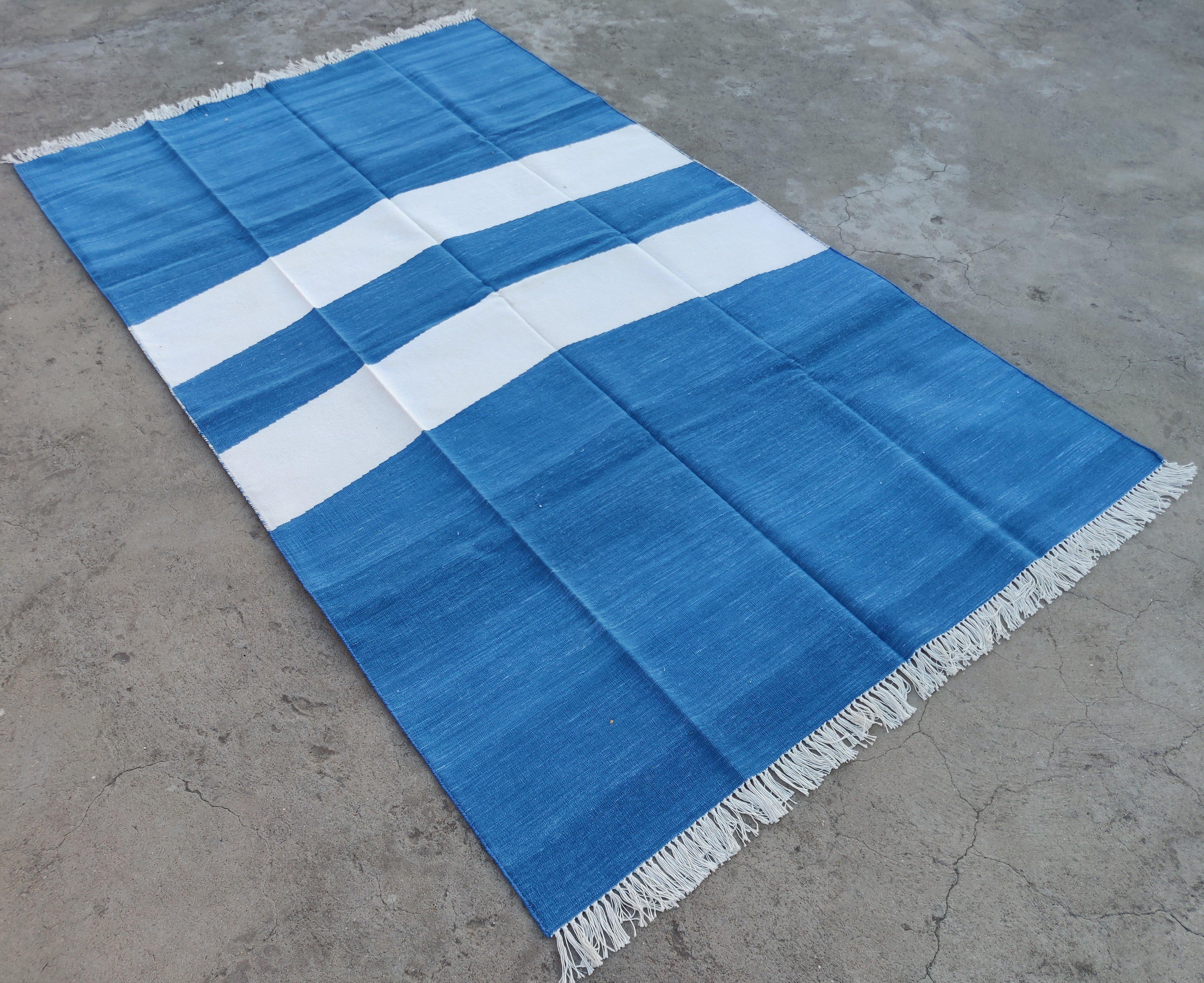 Cotton Vegetable Dyed Indigo Blue and White Striped Indian Dhurrie Rug-60
