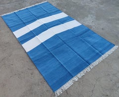 Handmade Cotton Area Flat Weave Rug, 5x8 Blue And White Striped Indian Dhurrie