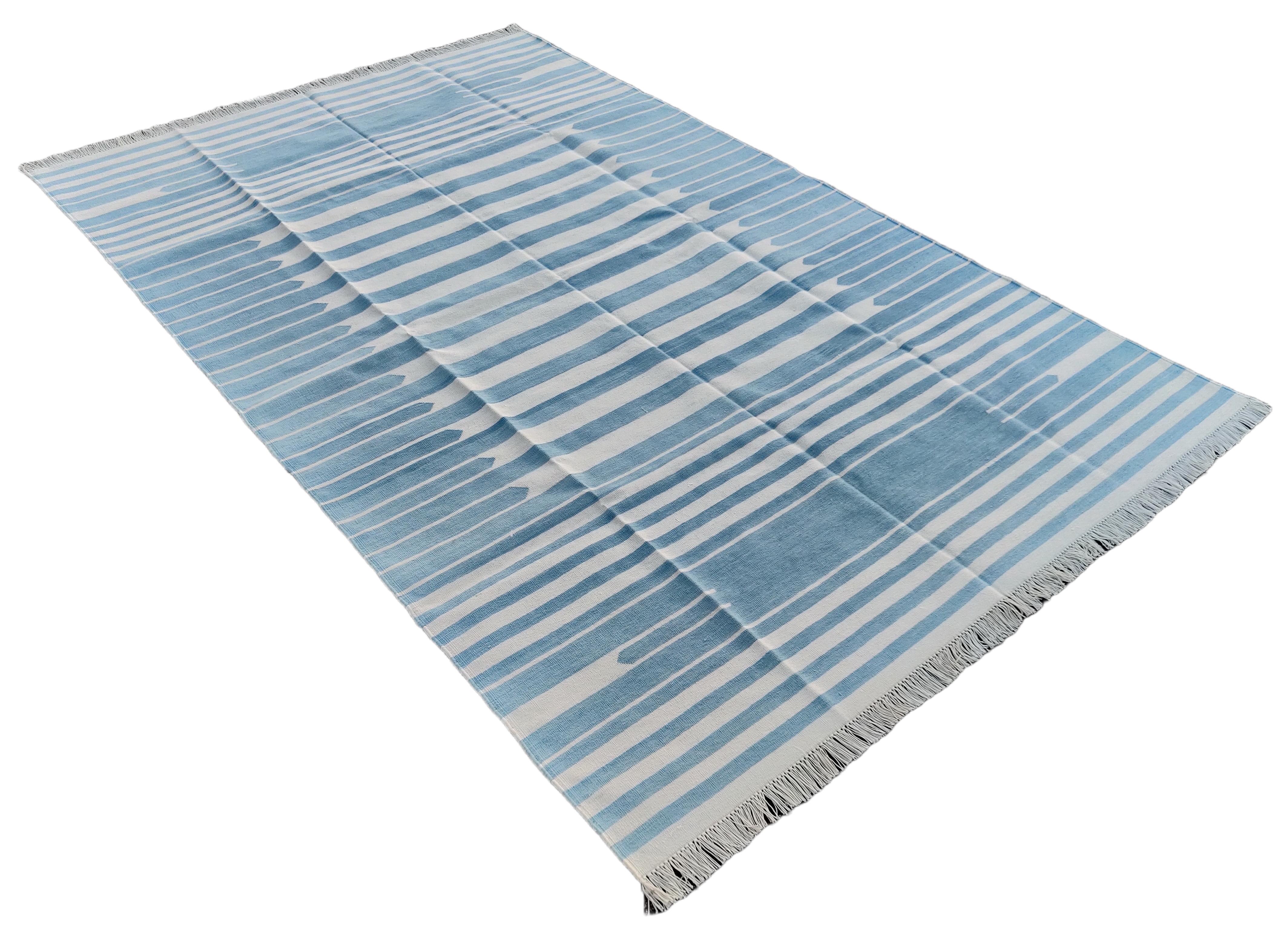 Mid-Century Modern Handmade Cotton Area Flat Weave Rug, 5x8 Blue And White Striped Indian Dhurrie For Sale