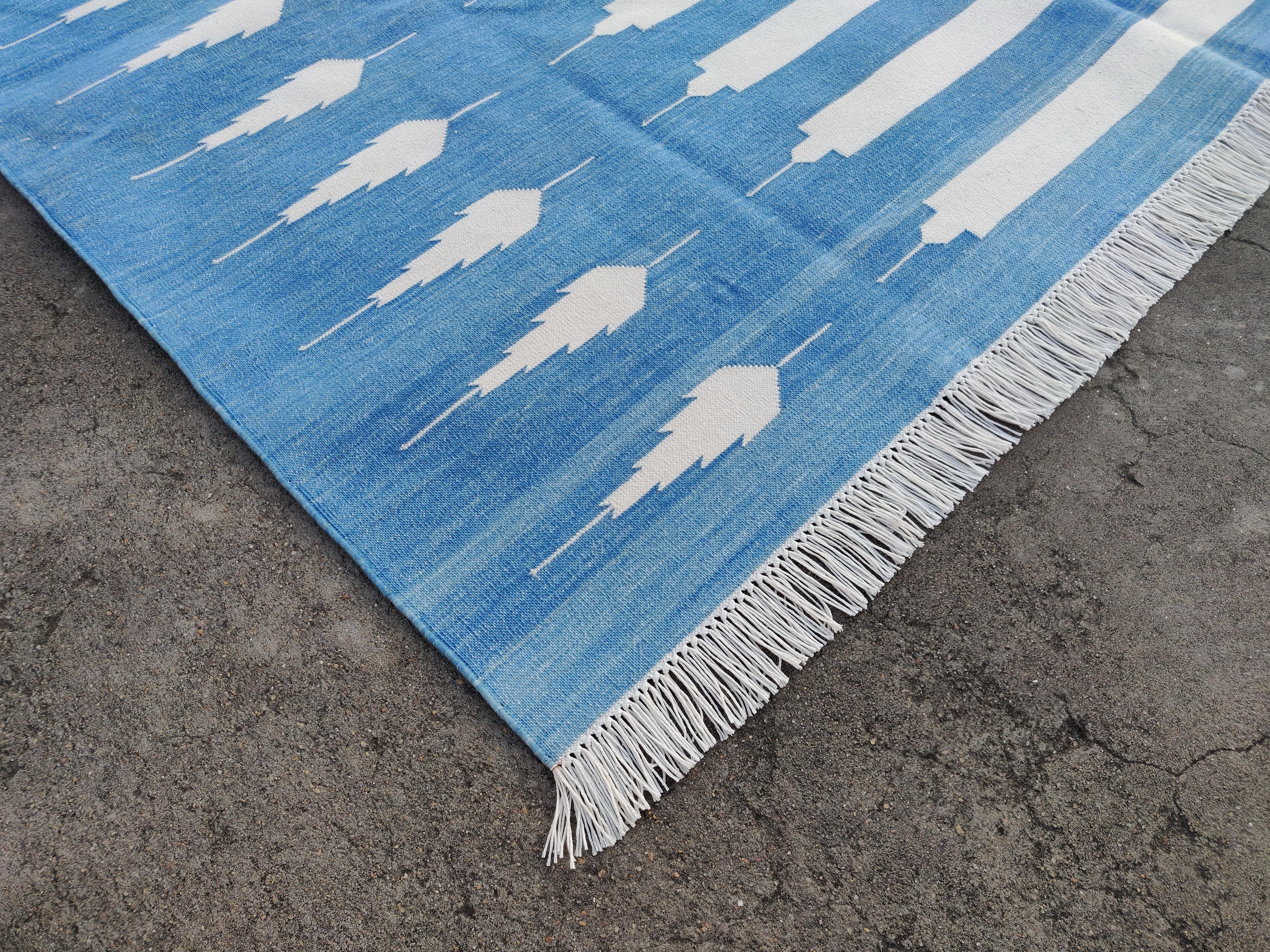Hand-Woven Handmade Cotton Area Flat Weave Rug, 5x8 Blue And White Striped Indian Dhurrie For Sale