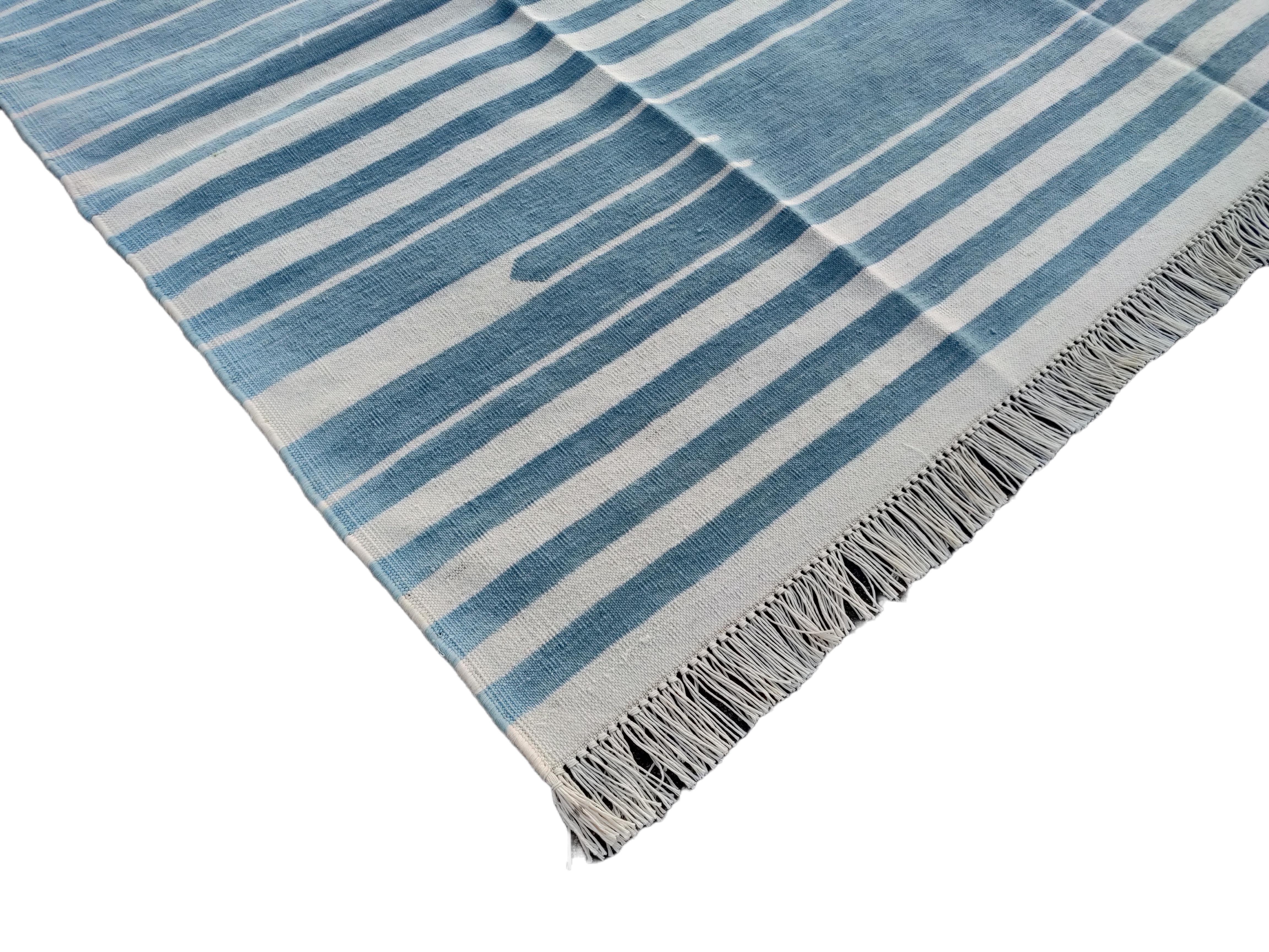 Hand-Woven Handmade Cotton Area Flat Weave Rug, 5x8 Blue And White Striped Indian Dhurrie For Sale
