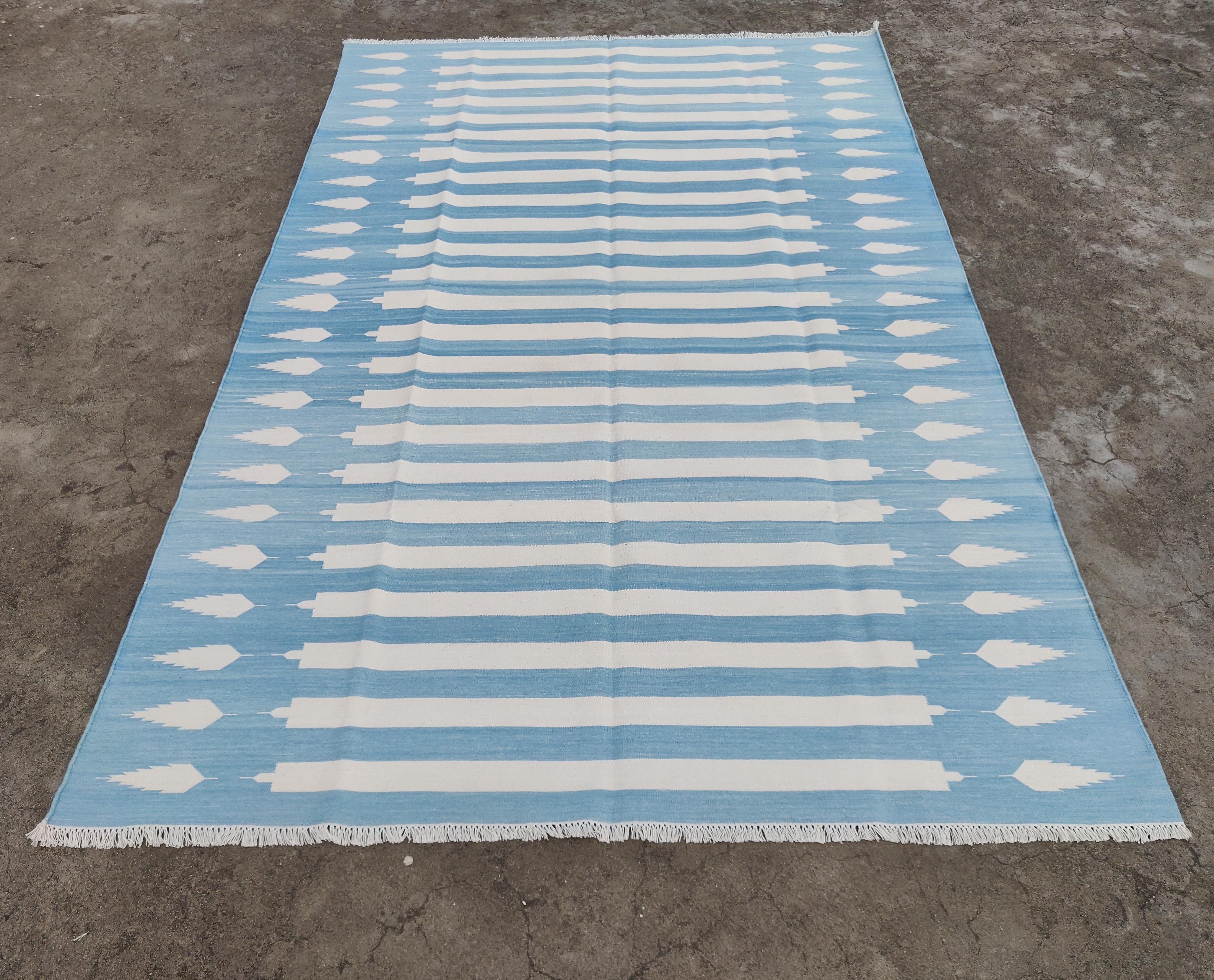 Handmade Cotton Area Flat Weave Rug, 5x8 Blue And White Striped Indian Dhurrie For Sale 1